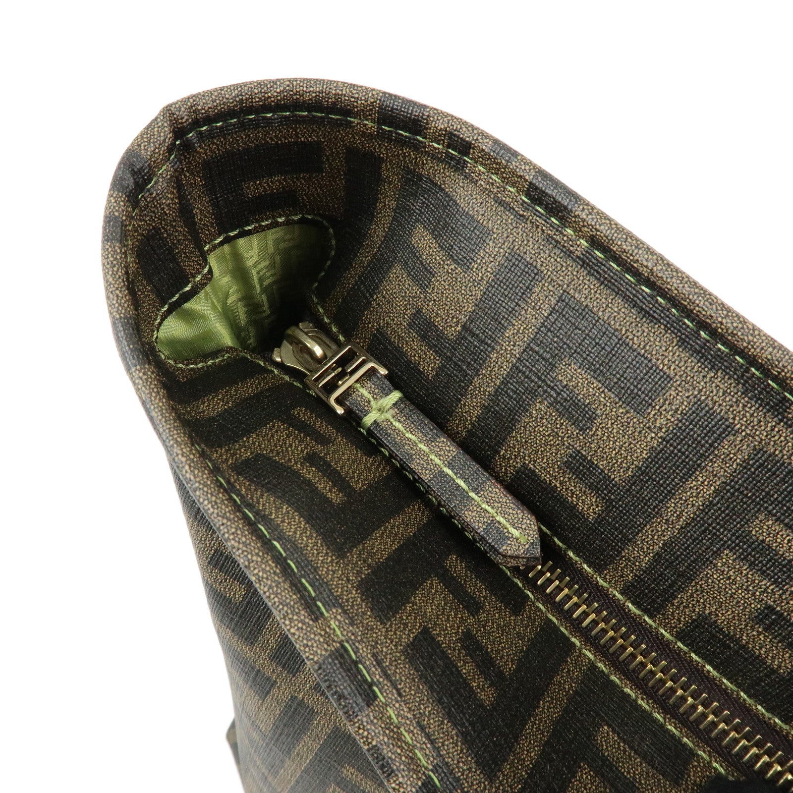 FENDI Zucca PVC Tote Bag Hand Bag Brown Light Green Stich 8BH198