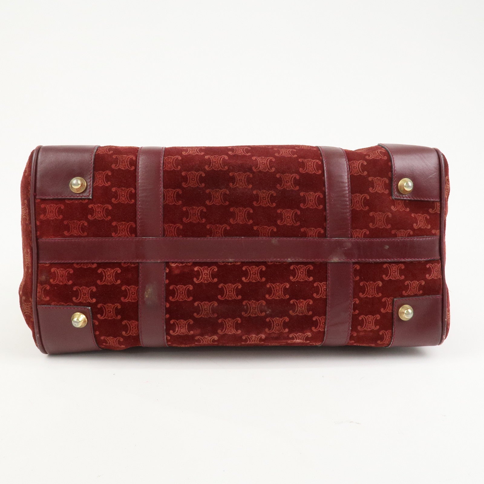 CELINE Macadam Logo Suede Leather Boston Bag Hand Bag Red Brown