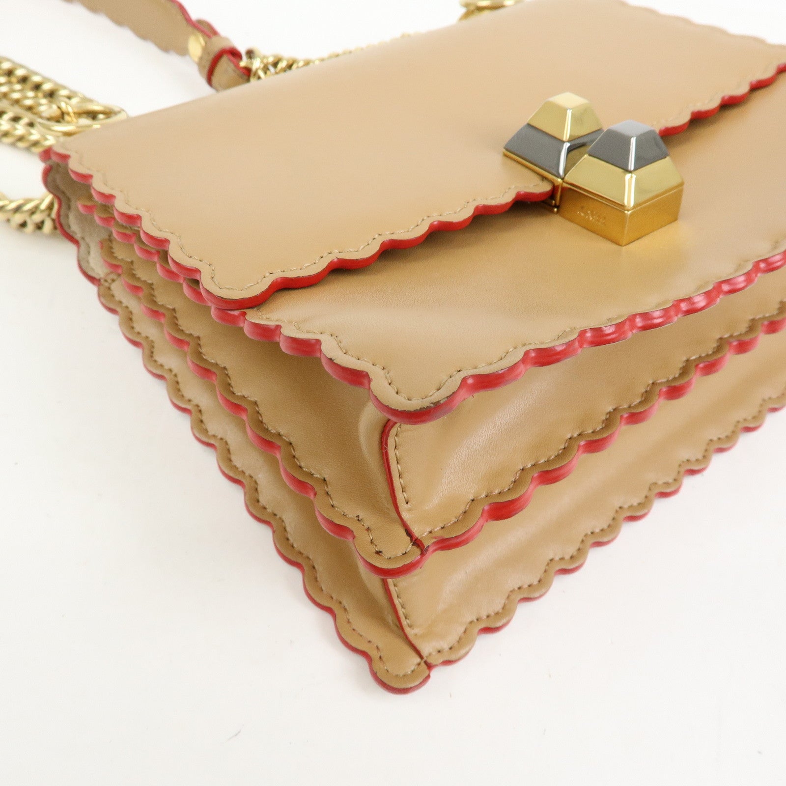 FENDI Mini Kan I Leather Chain Shoulder Crossbody Bag Beige 8M0381