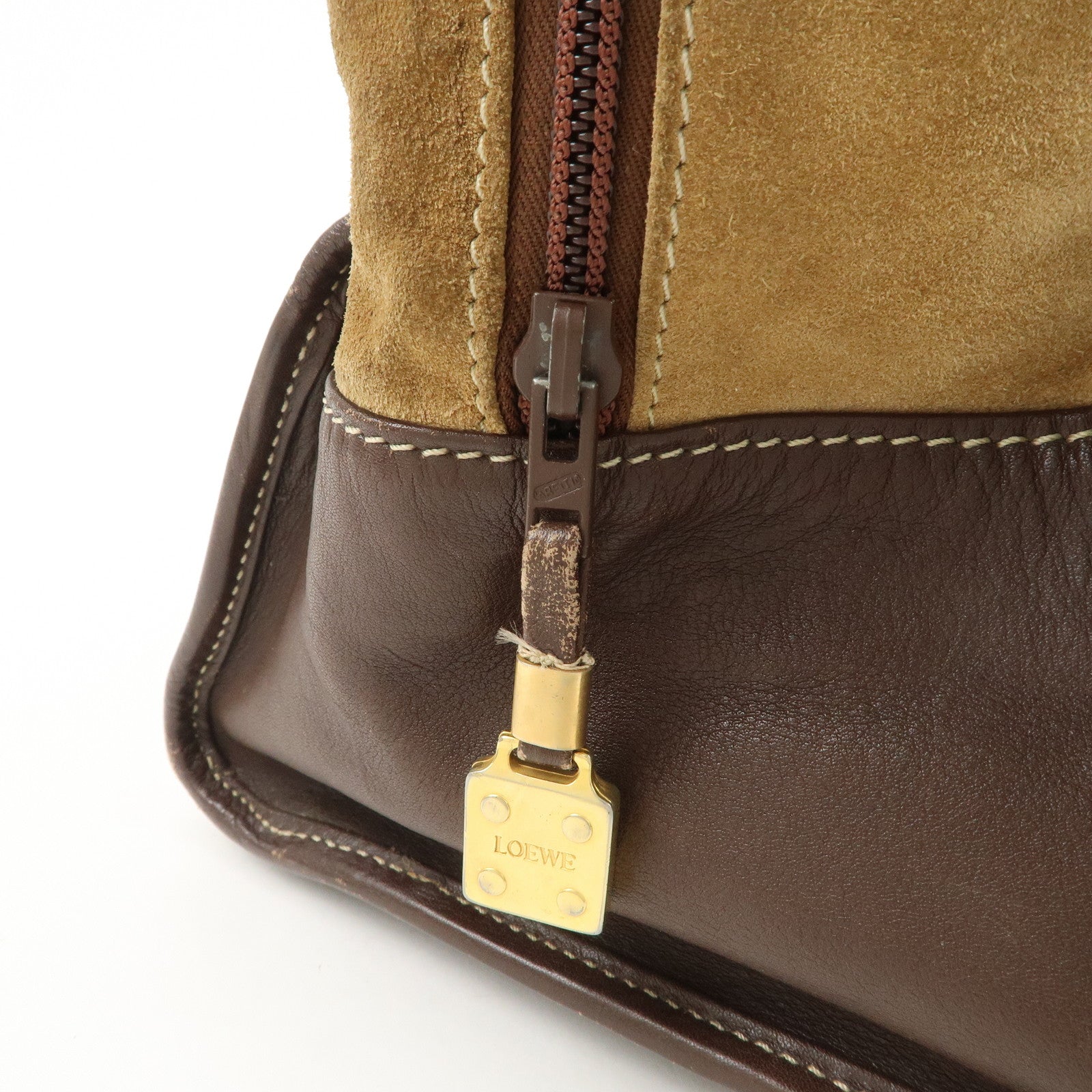 LOEWE Anagram Amazona 40 Suede Leather Hand Bag Beige Dark Brown Used