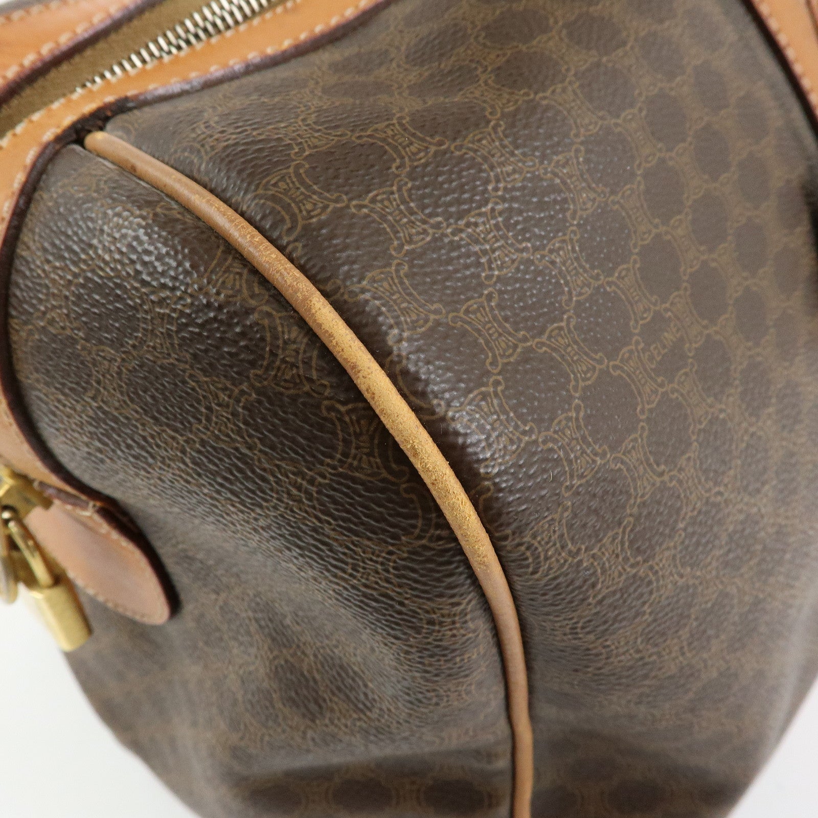 CELINE Logo Macadam PVC Leather Boston Bag Hand Bag Brown
