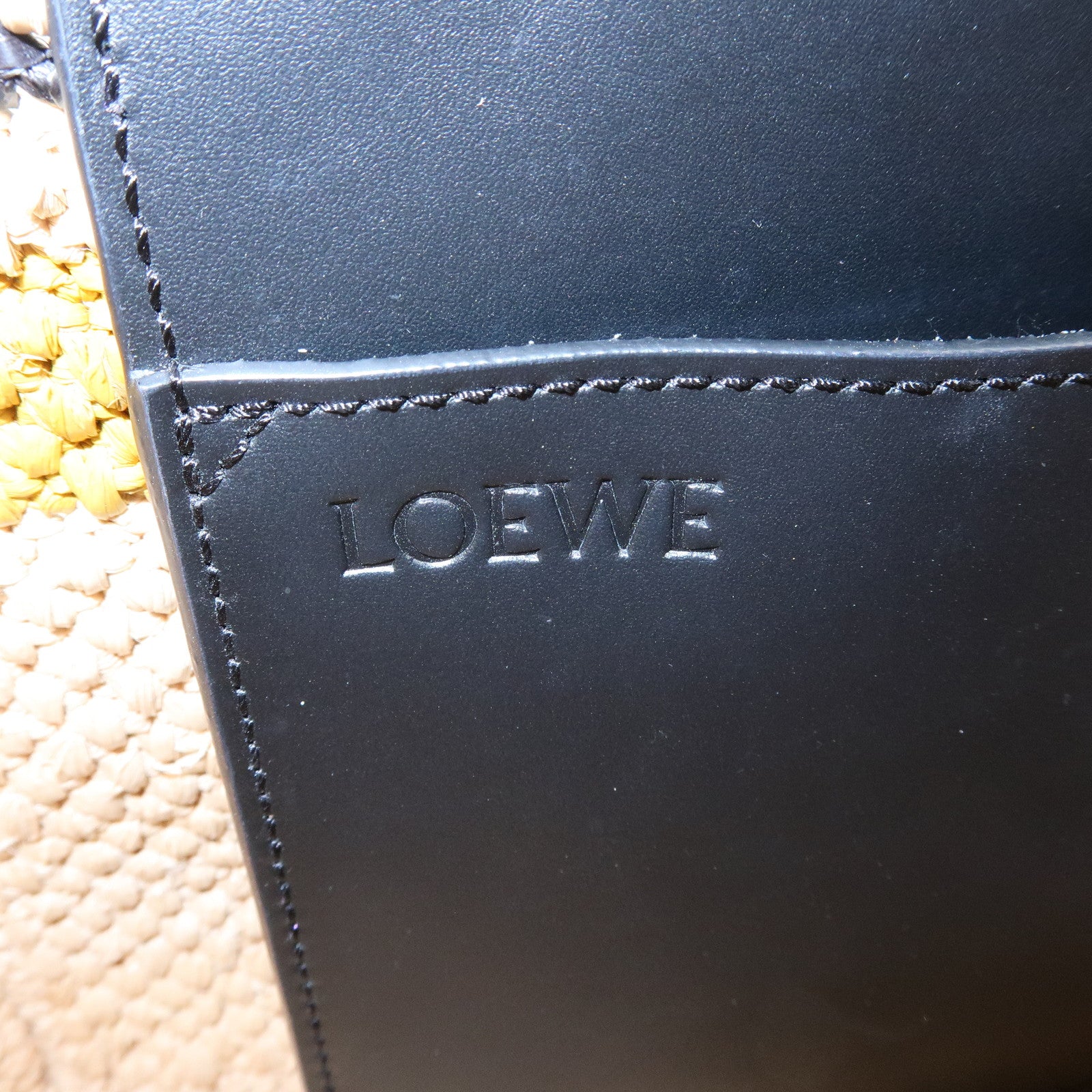 LOEWE Font Tote Bag Raffia Leather 2Way Shoulder Bag Natural Black
