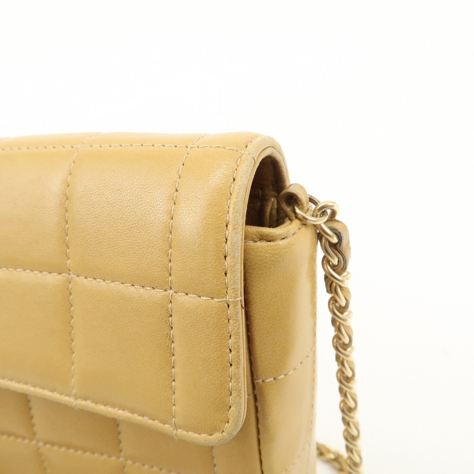 CHANEL Chocolate Bar Lamb Skin Chain Shoulder Bag Beige A15316 Used