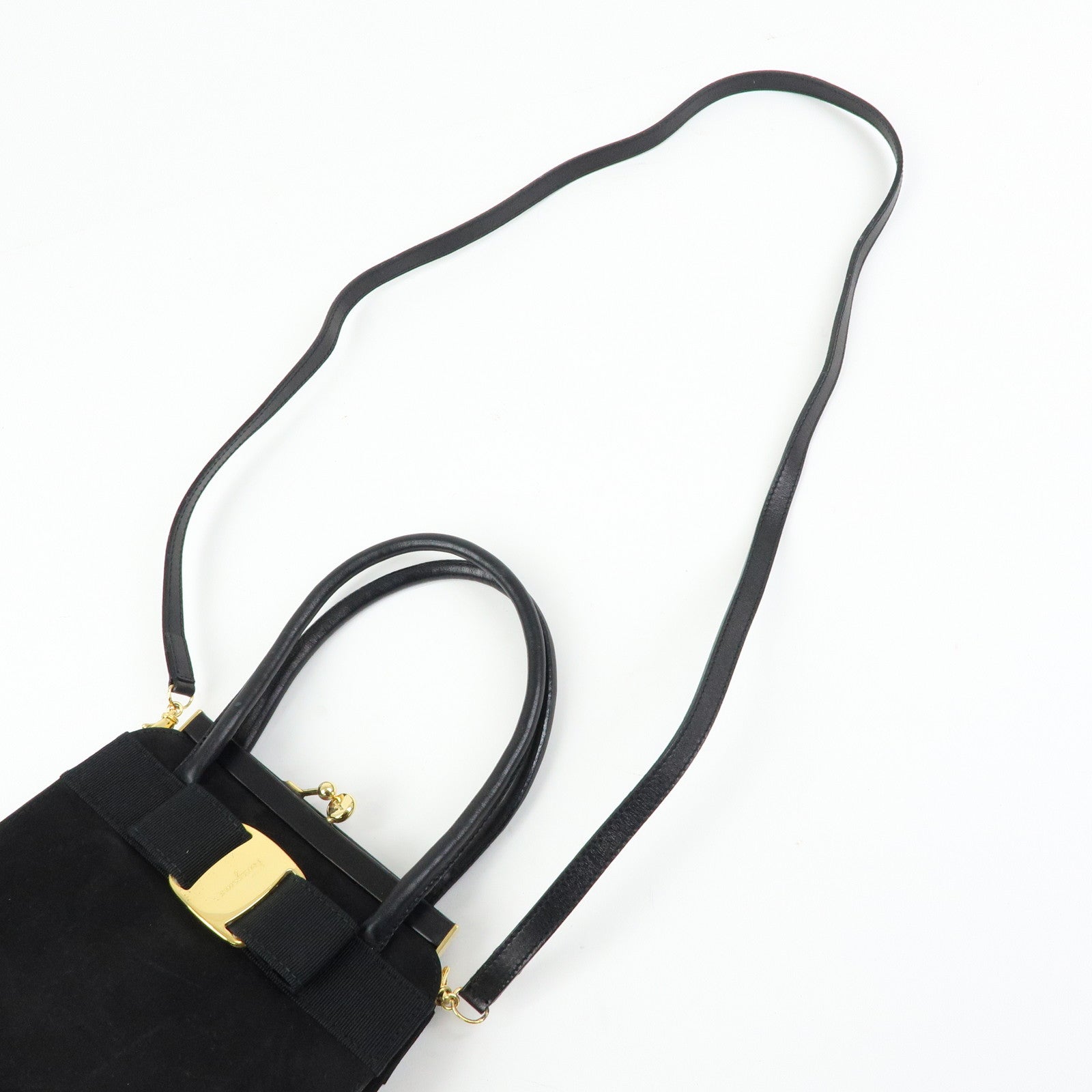 Ferragamo Varra Ribbon Suede Leather 2Way Bag Hand Bag Black
