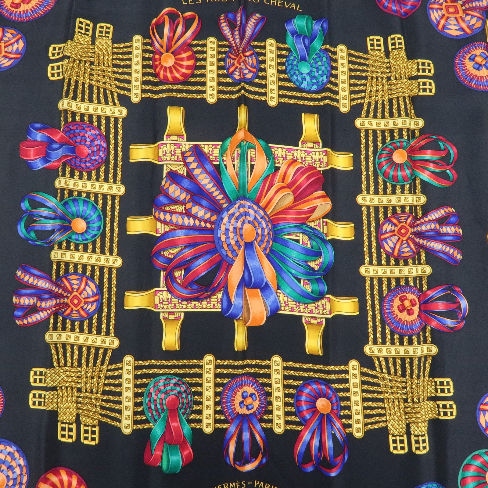 HERMES Carre90 Silk 100% Scarf Black Yellow Used