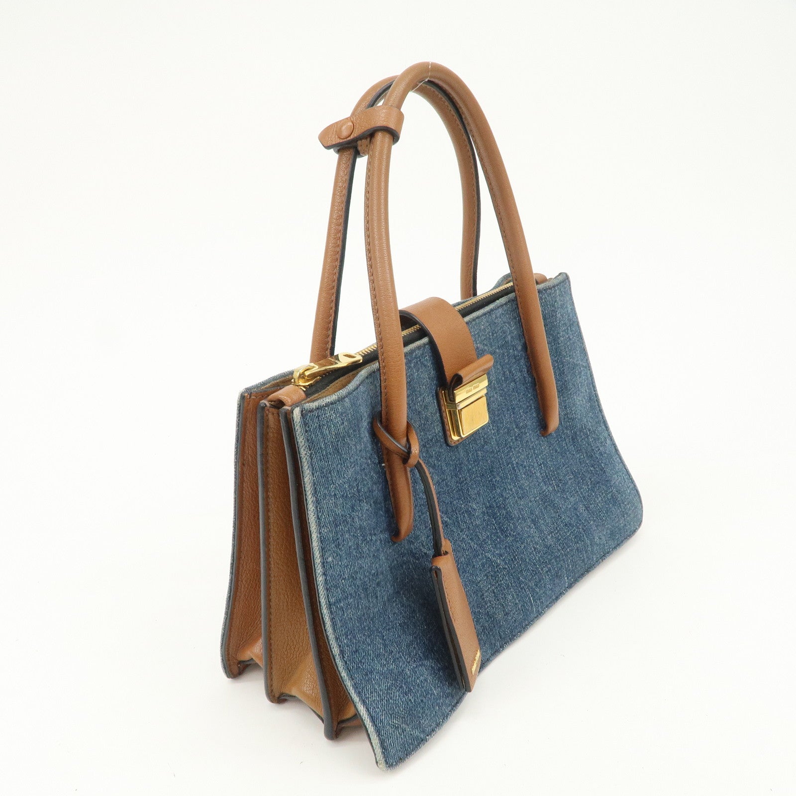 MIU MIU Madras Convertible Denim Leather 2Way Bag Hand Bag 5BA104