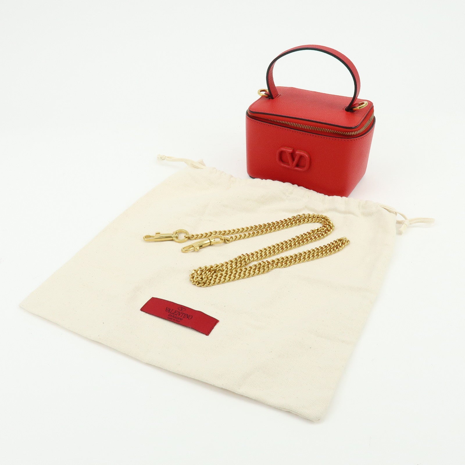 VALENTINO V Logo Leather 2Way Mini Hand Bag Chain Vanity Bag Red