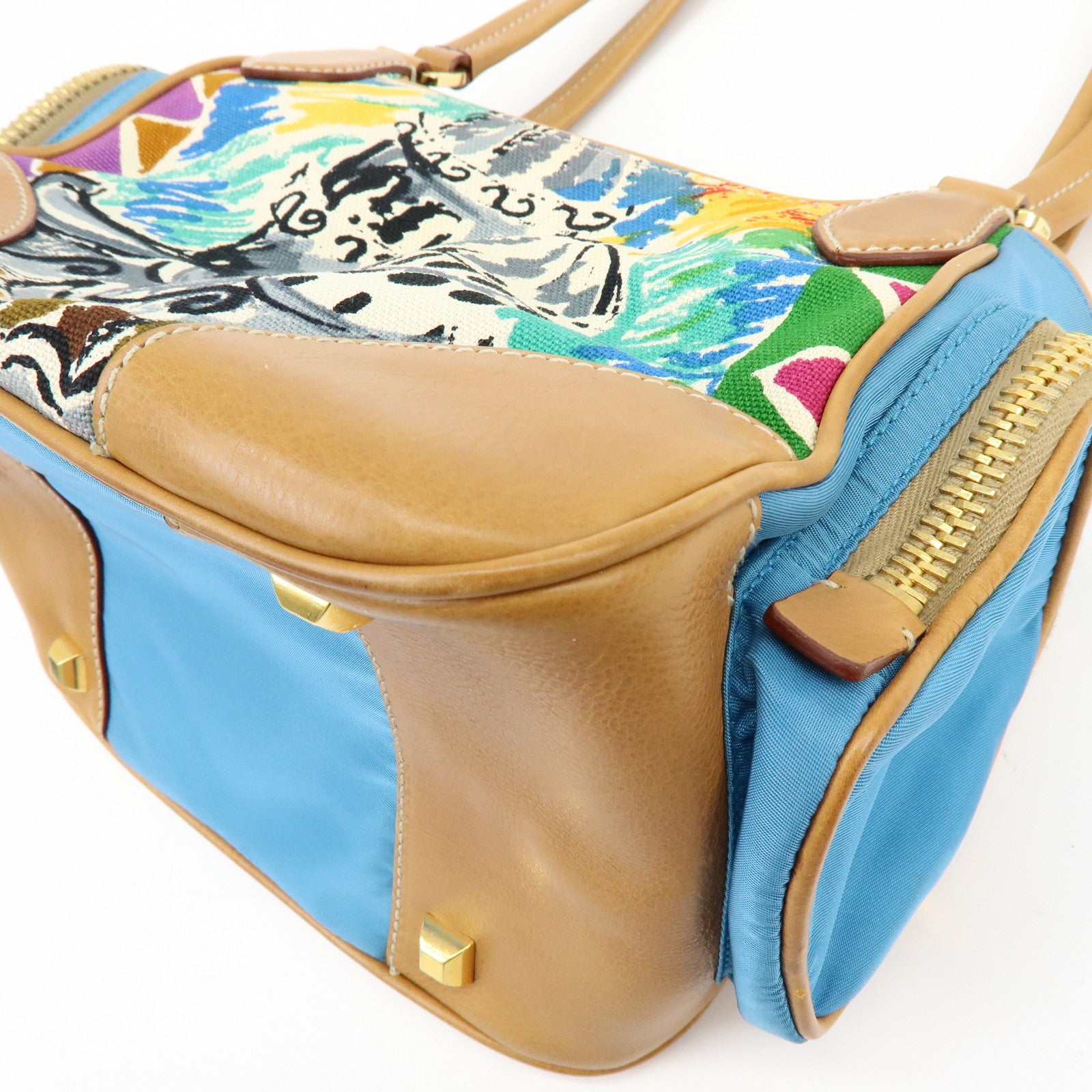 PRADA Triangle Logo Canvas Leather Hand Bag Light Brown Blue