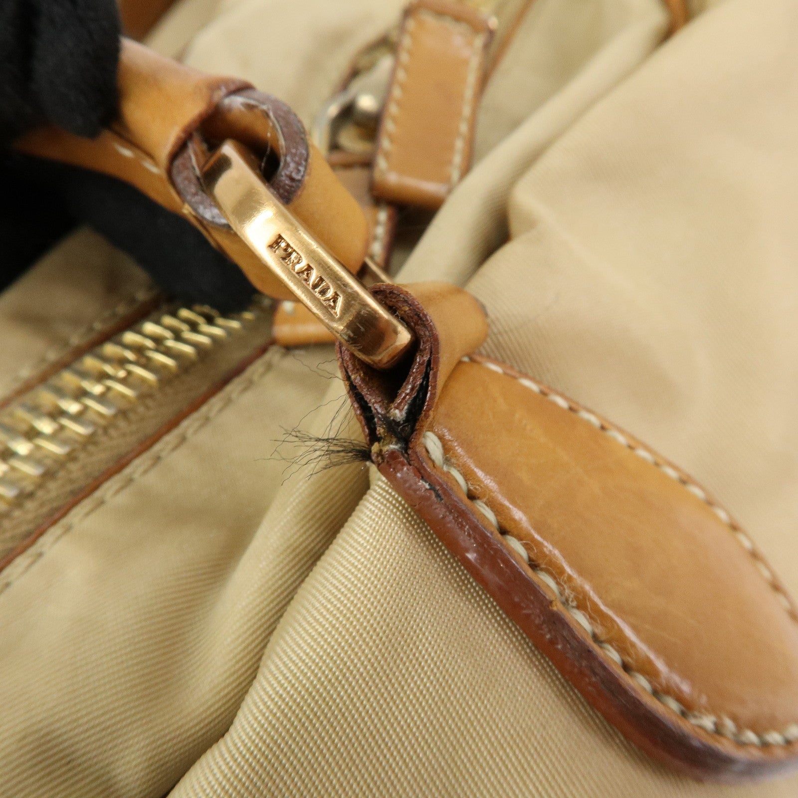 PRADA Triangle Logo Nylon Leather Shoulder Hand Bag Beige Brown