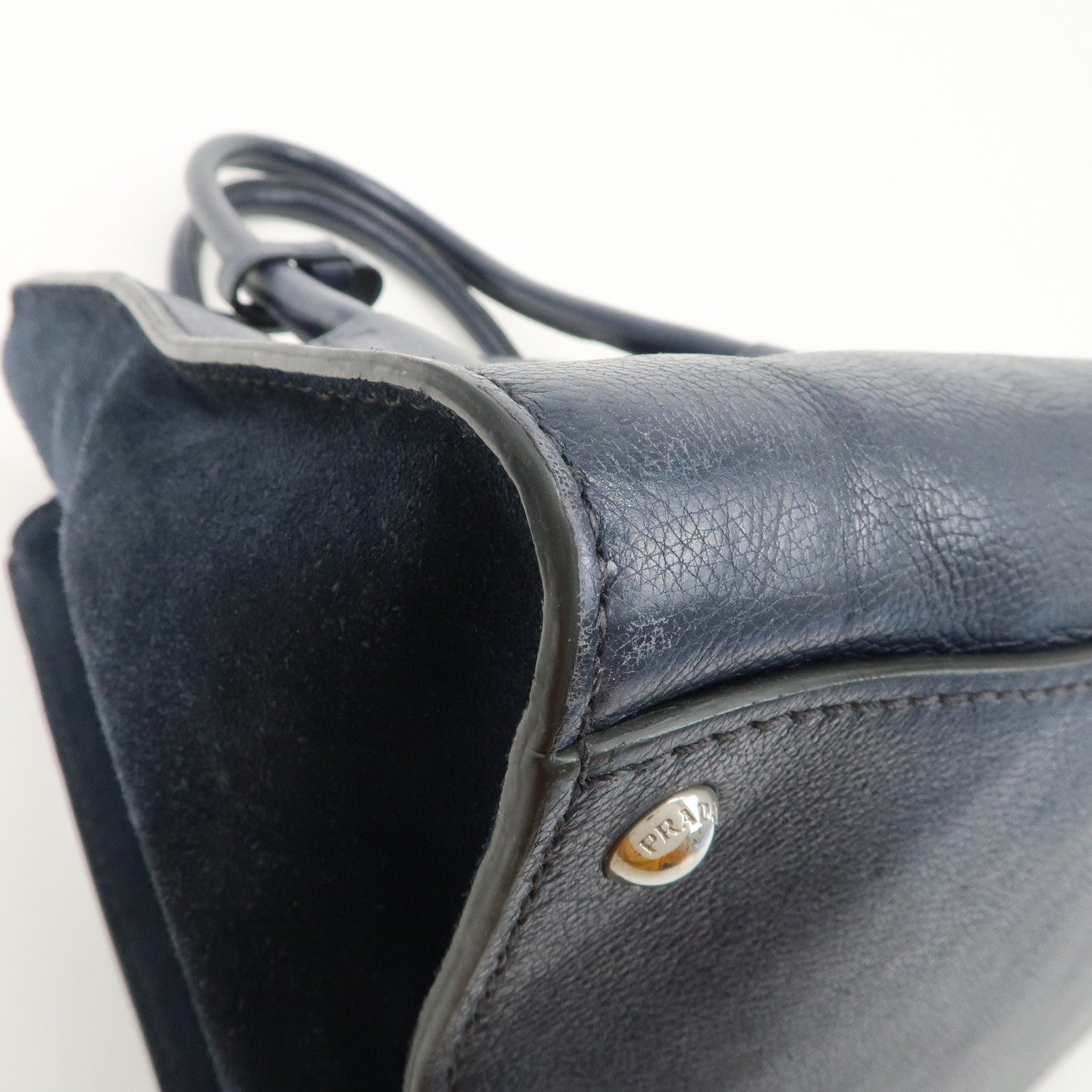 PRADA Triangle Logo Leather 2Way Bag Tote Bag Hand Bag Navy B2625M