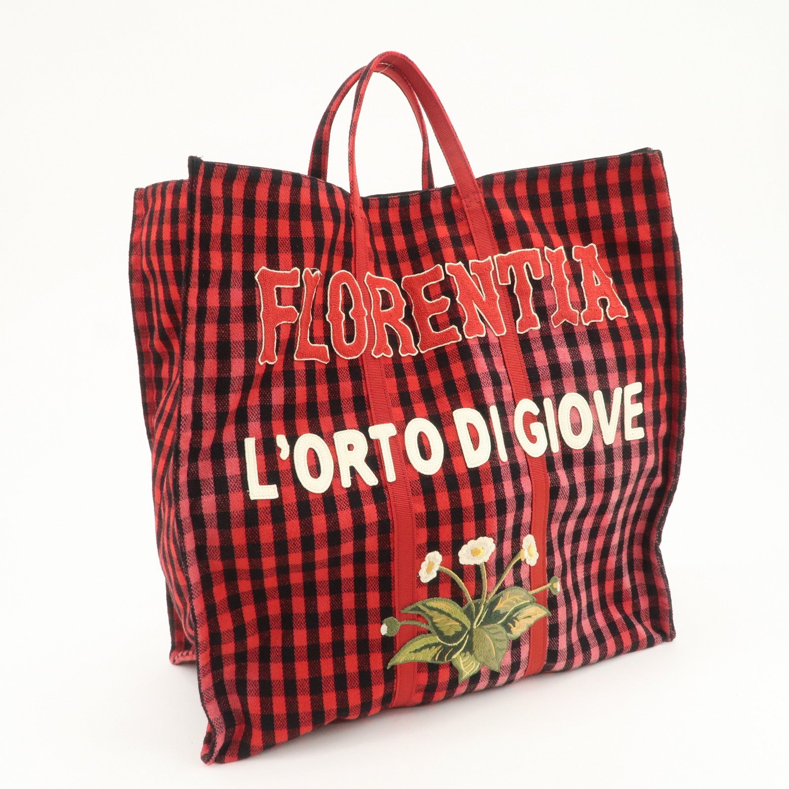 GUCCI Canvas Tote Bag Hand Bag Flower Plaid Red 484690