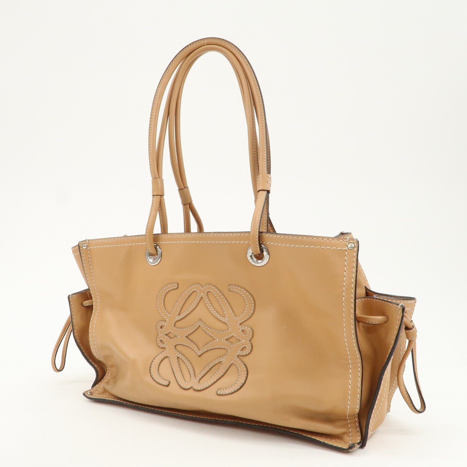 LOEWE Anagram Logo Leather Shopper Tote Bag Shouder Bag Light Brown