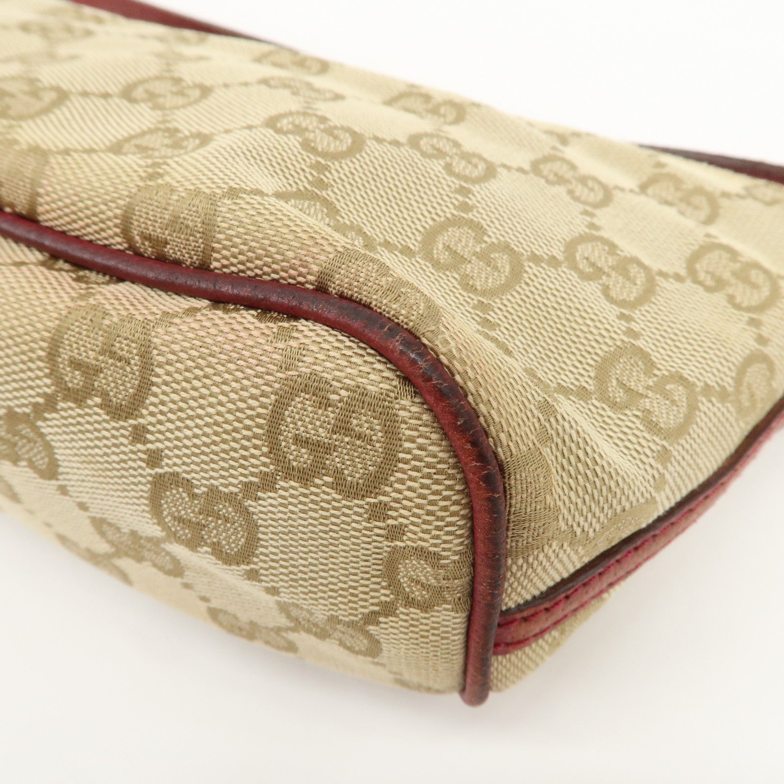 GUCCI Boat Bag GG Canvas Leather Hand Bag Pouch Beige Red 07198