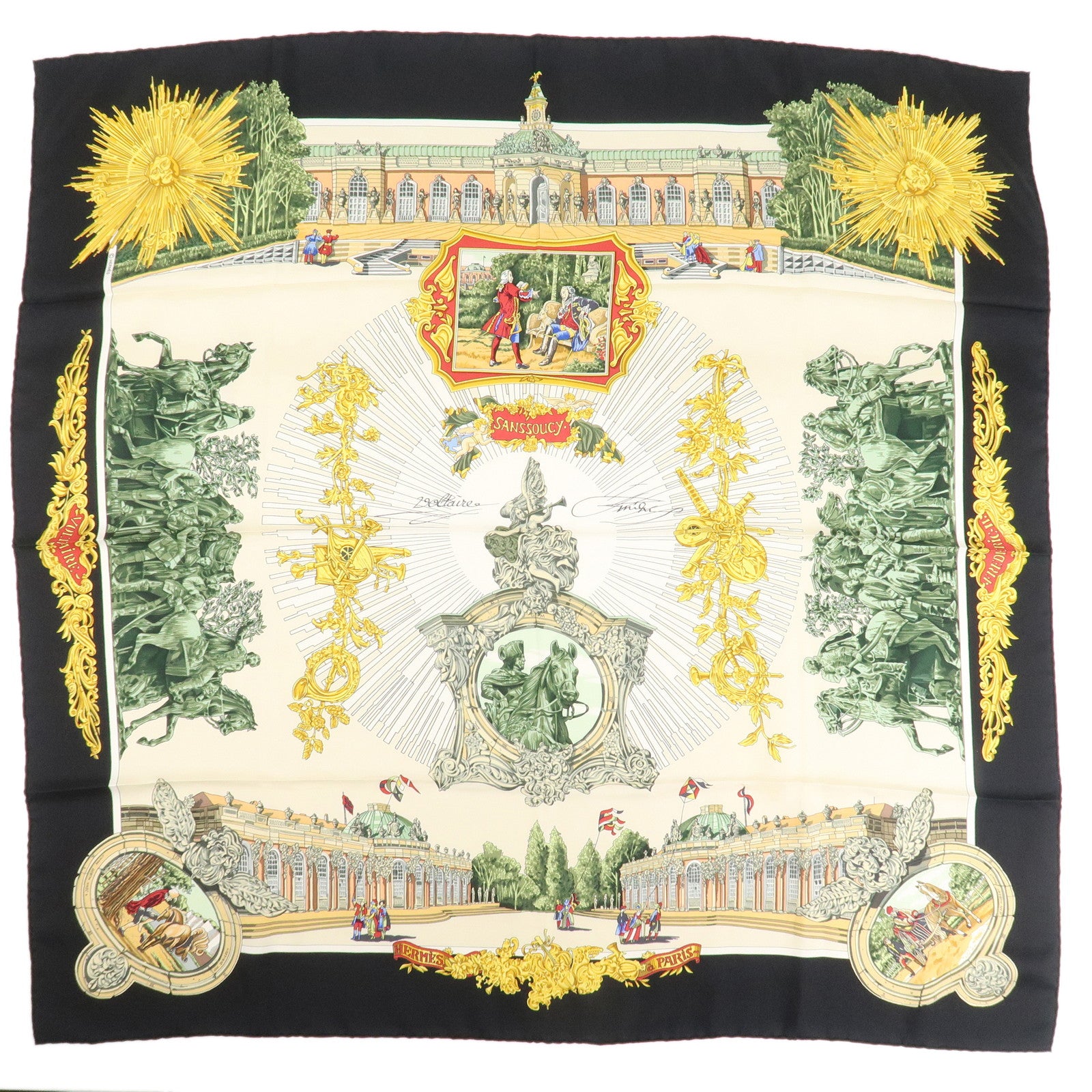 HERMES Carre 90 Silk 100% Scarf SANSSOUCY Gold Back Ivory Used