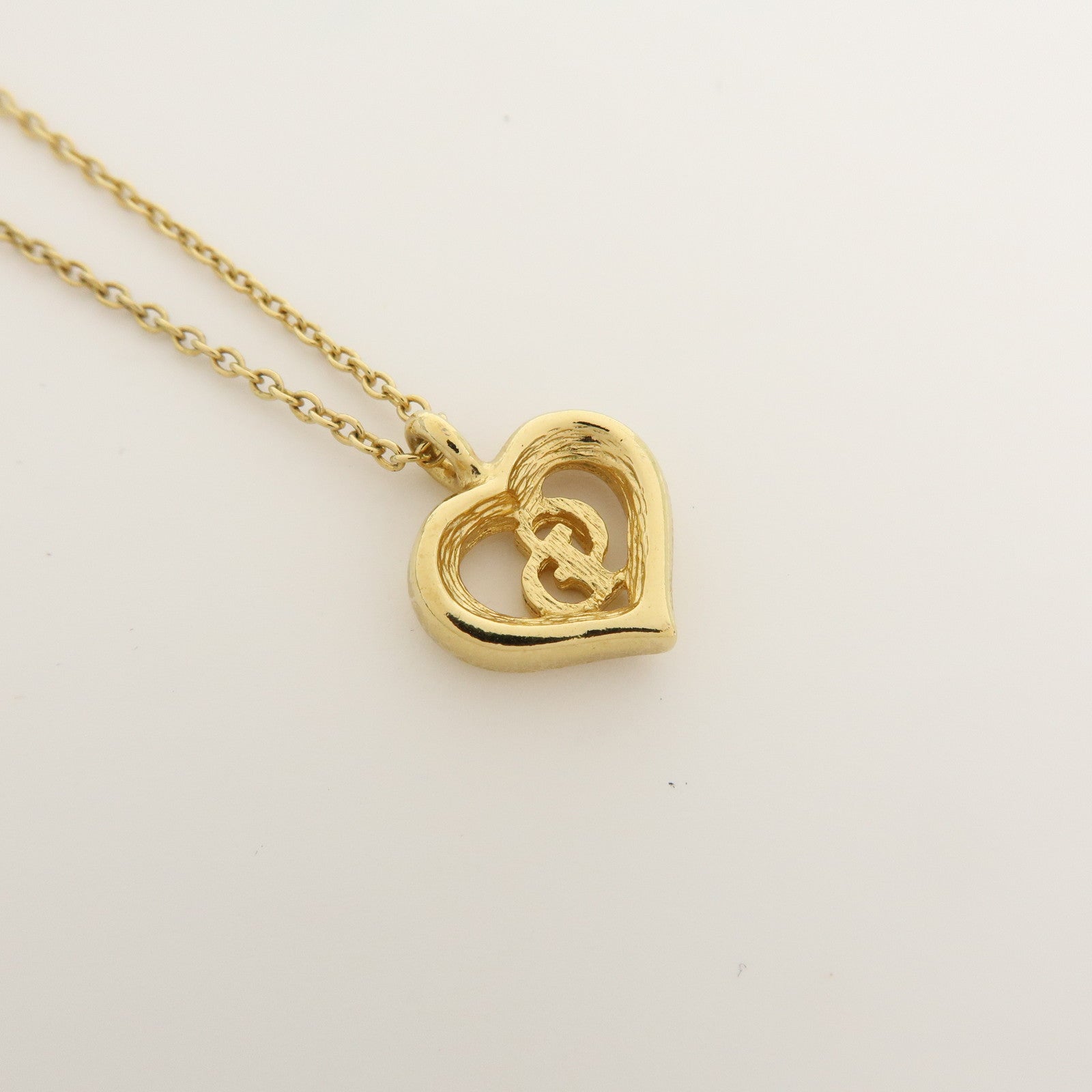 Christian Dior Logo Heart Pendant Metal Necklace Gold