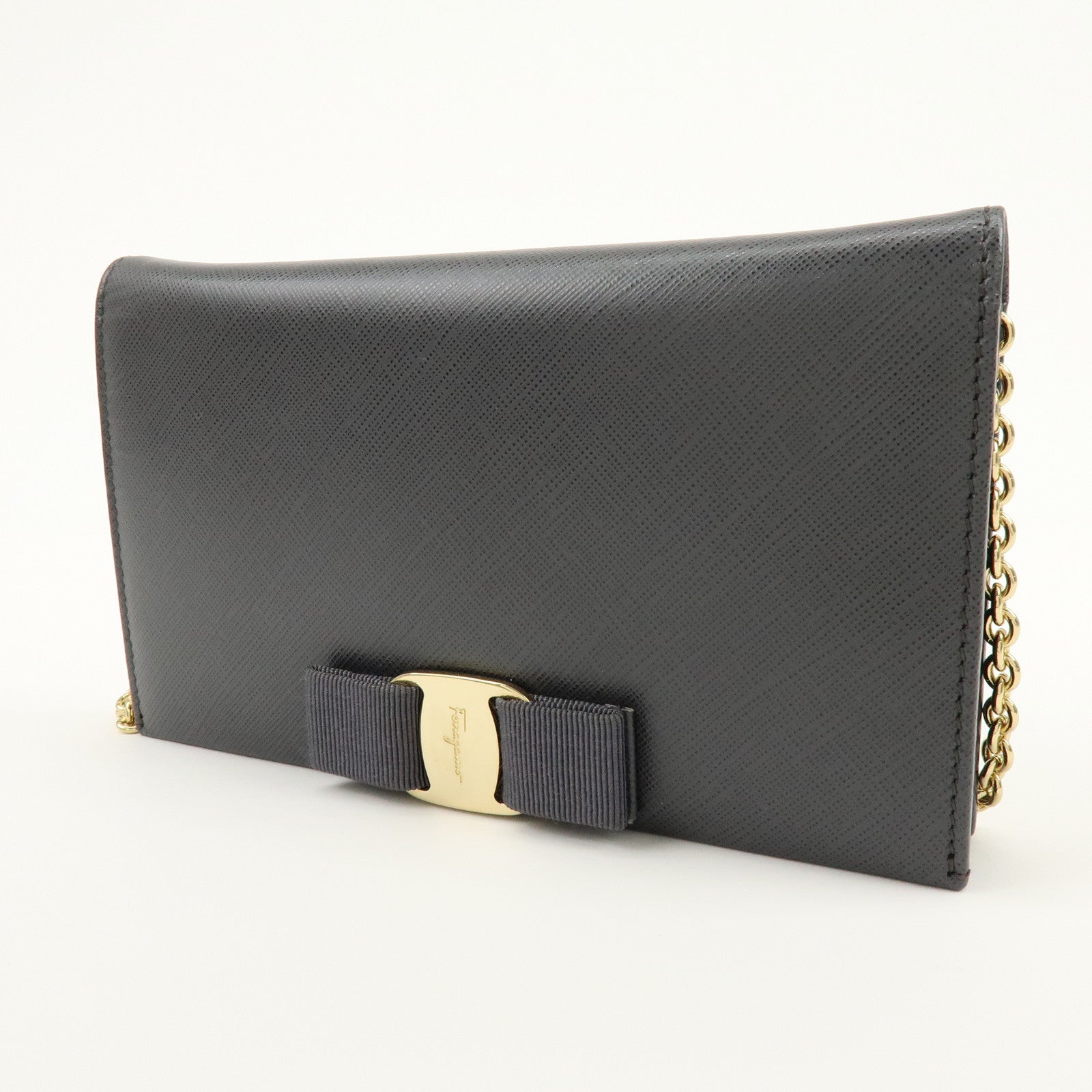 Ferragamo Varra Ribbon Leather Chain Shoulder Bag Wallet Gray