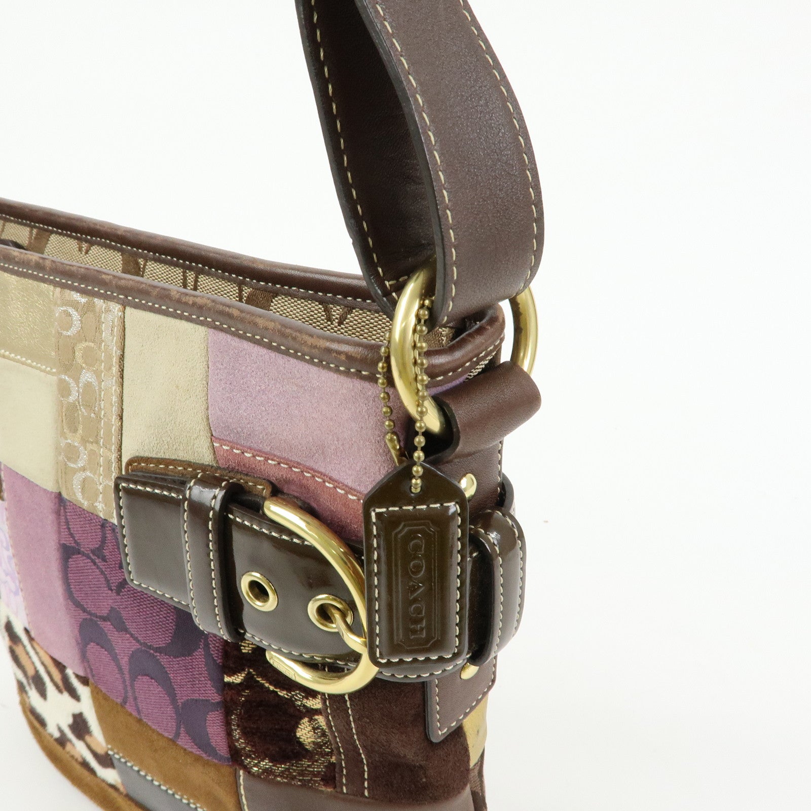 COACH Signature Suede Patent Leather Shoulder Bag Brown Patchwork