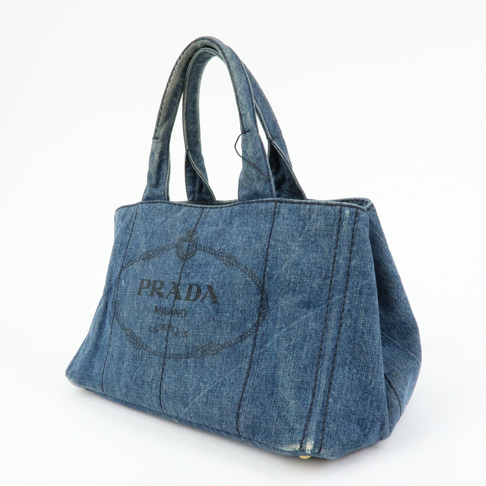 PRADA Logo Canapa Canvas Denim Tote Bag Hand Bag B1877B
