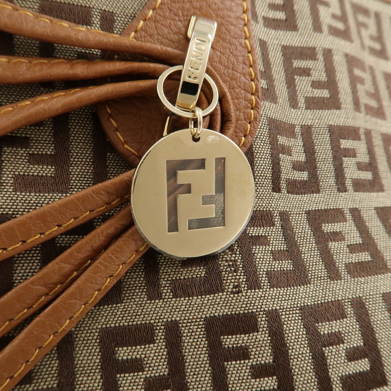 FENDI Zuccino Canvas Leather Tote Bag Hand Bag Brown 8BH153