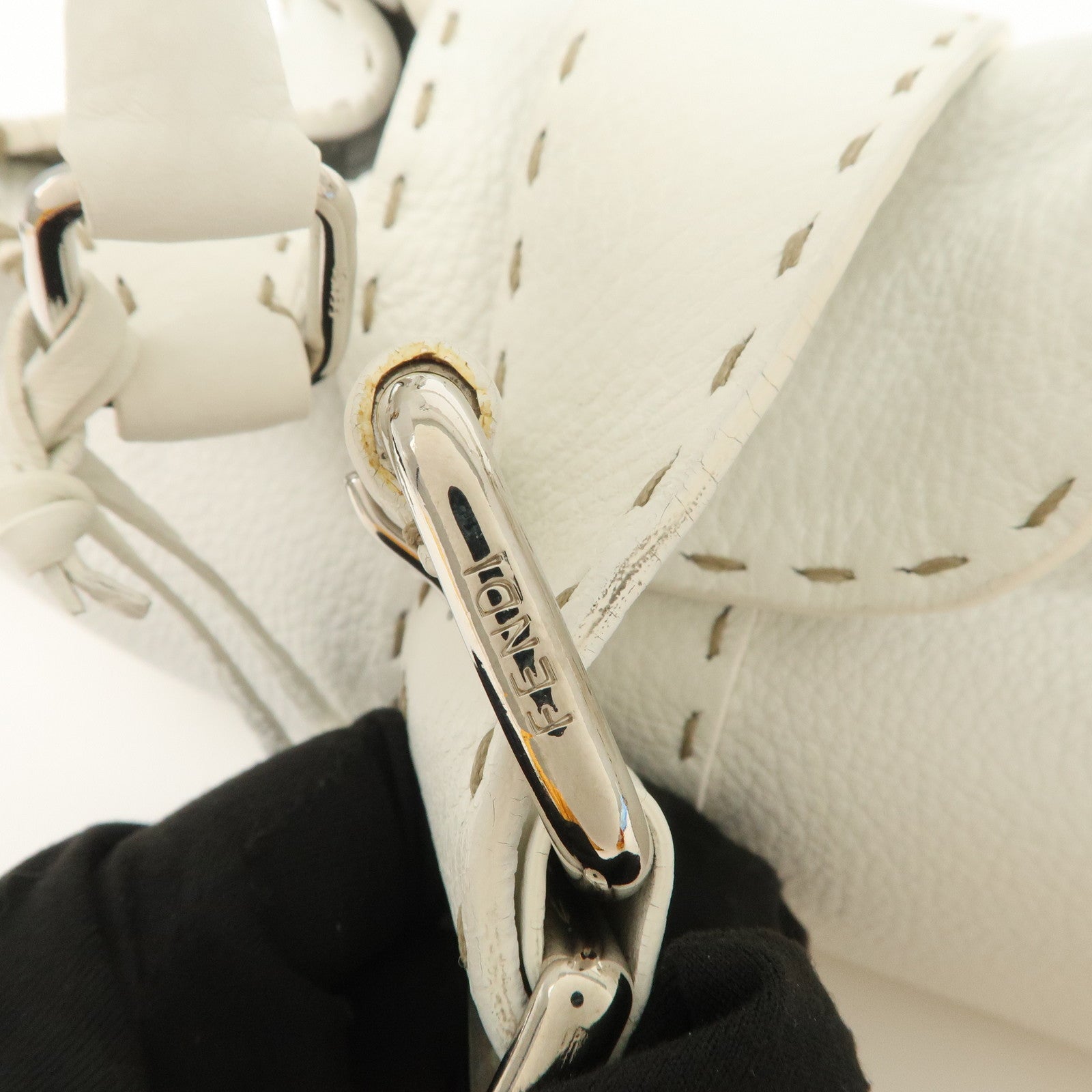 FENDI Seleria Leather Hand Bag White Silver HDW 8BR439