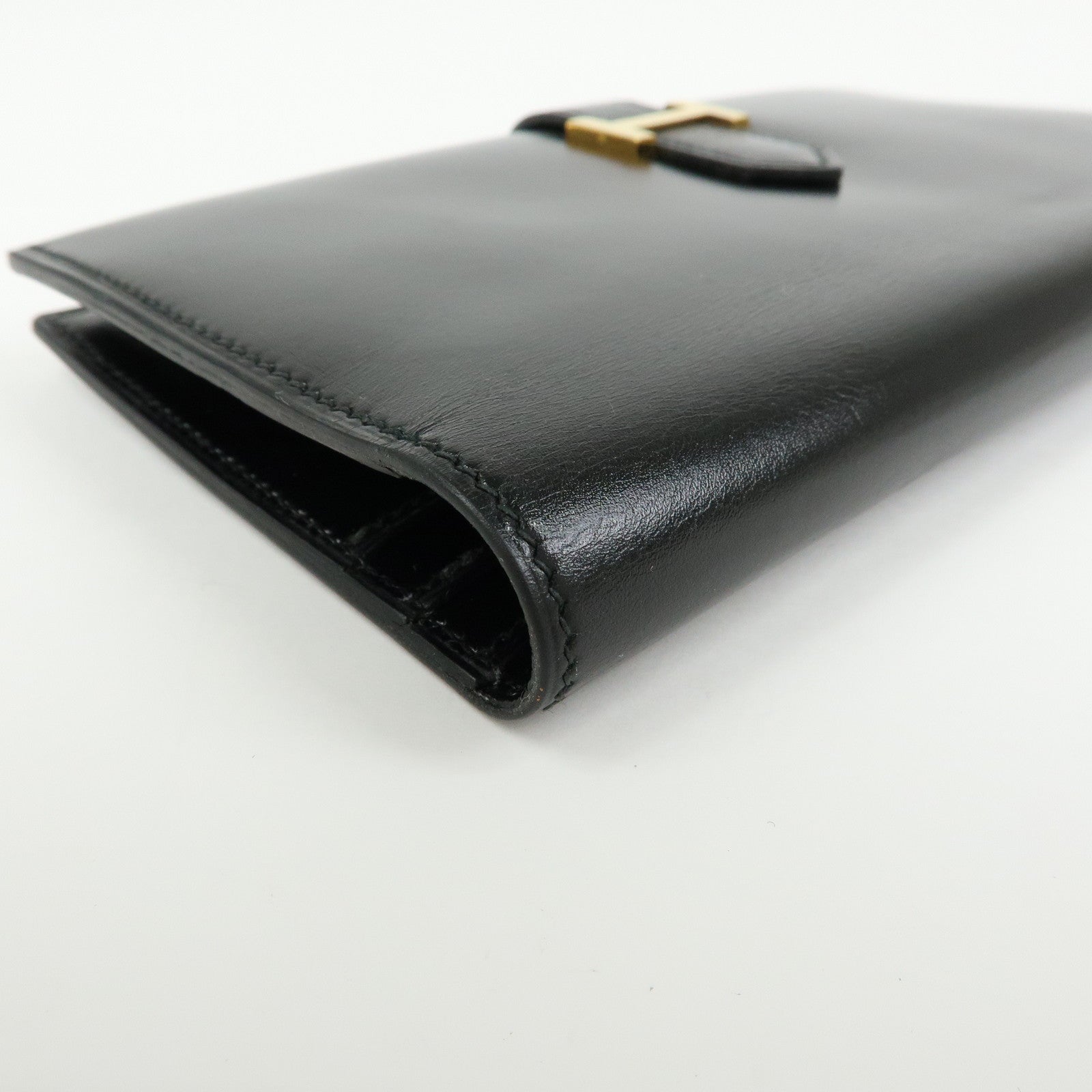 HERMES Bearn Box Calf Bi-fold Long Wallet 〇QStamped Black Gold
