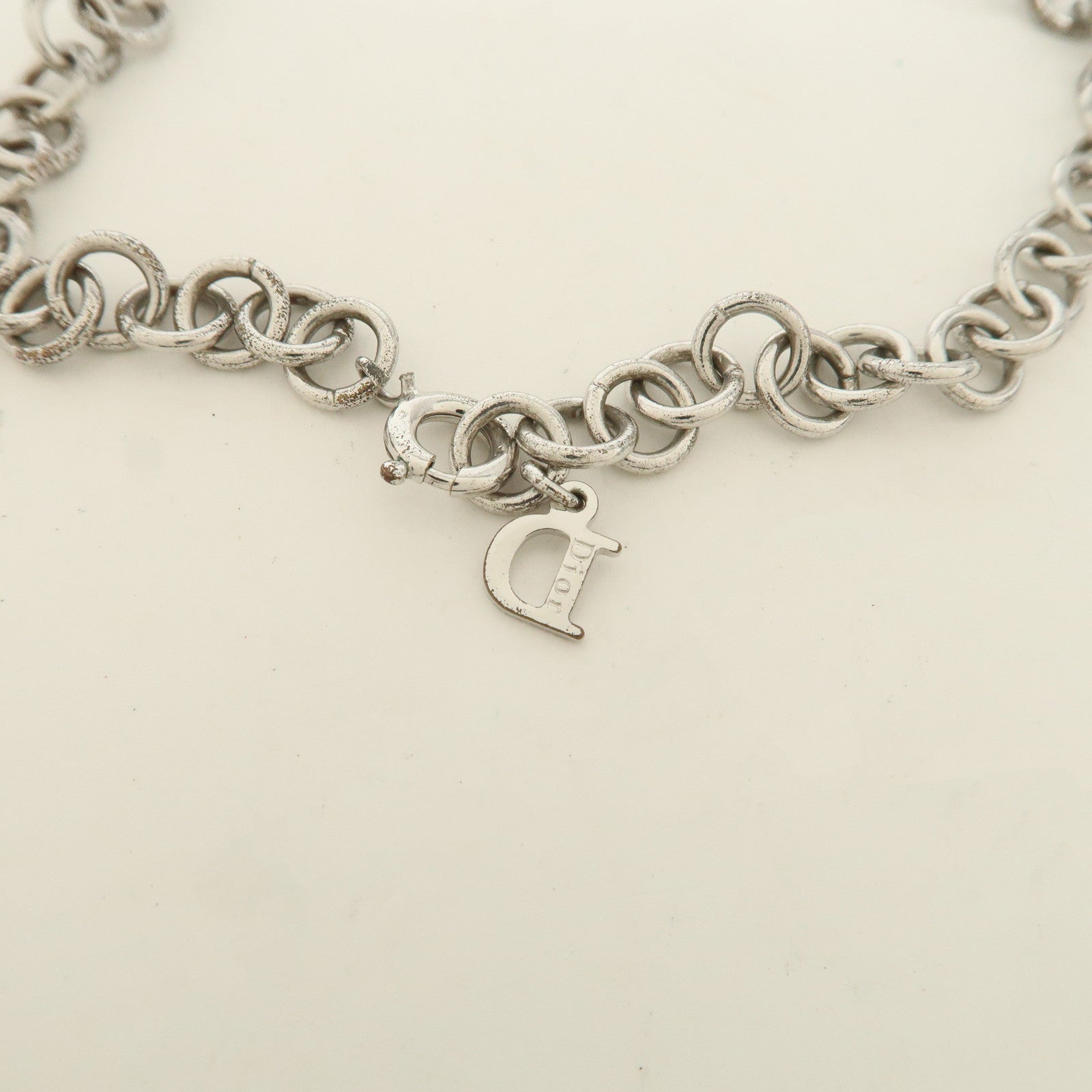 Christian Dior Logo Heart Lock & Key Pendant Metal Necklace Silver