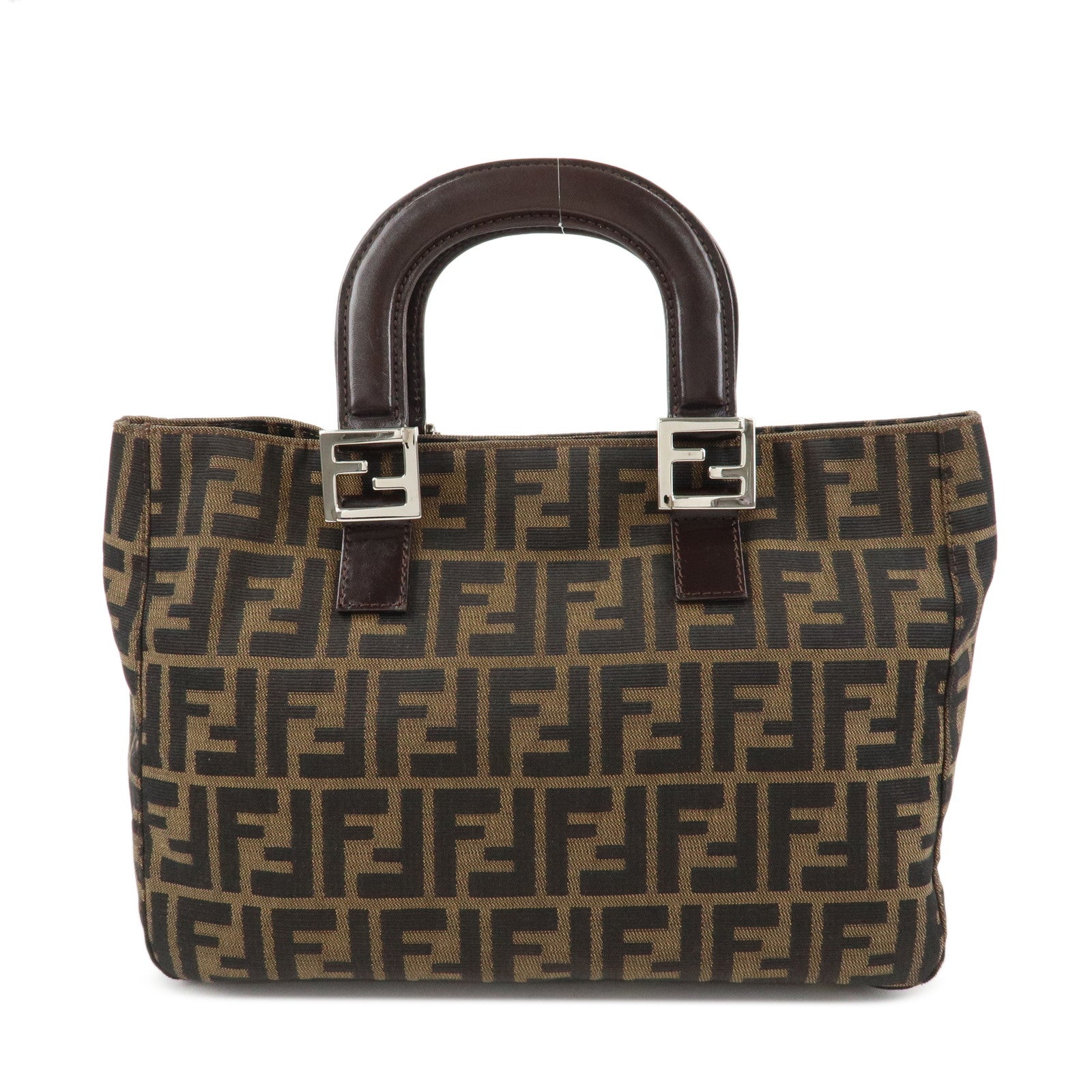 FENDI Zucca Canvas Leather Tote Bag Hand Bag Black Brown 26693 Used