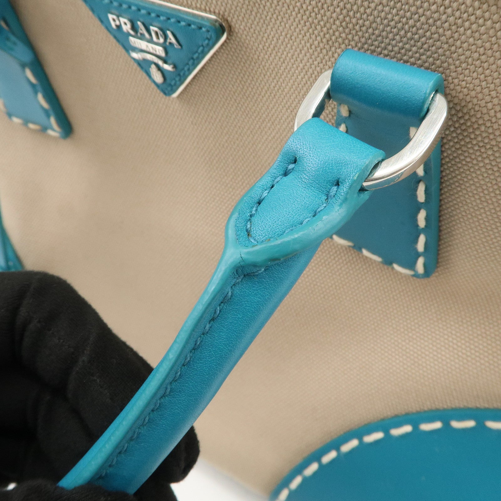 PRADA Triangle Logo Canvas 2Way Bag Hand Bag Tote Bag Blue B1801K