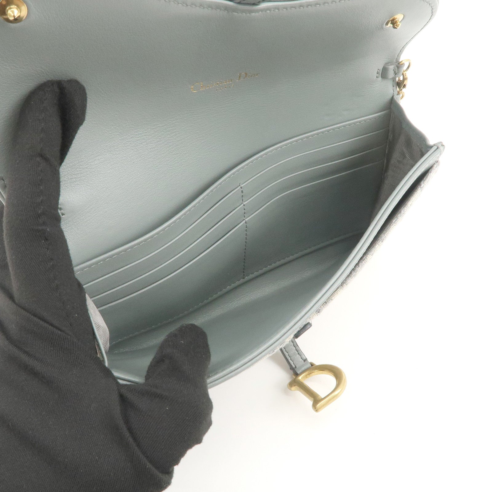 Christian Dior Oblique Jacquard Calf Leather Chain Wallet Gray WOC