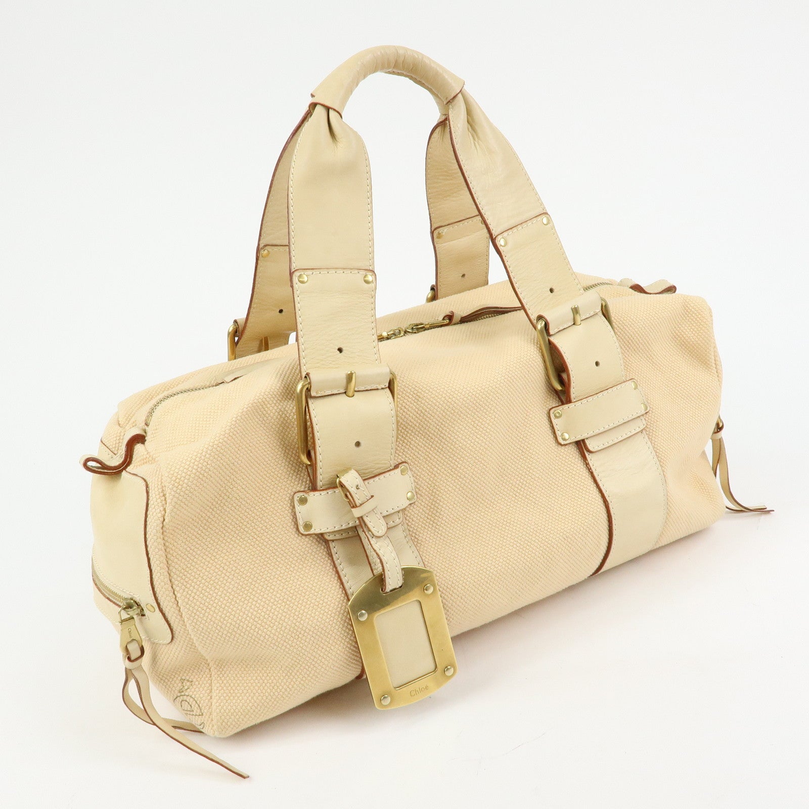 Chloe Cotton Leather Boston Bag Hand Bag Shoulder Bag Beige