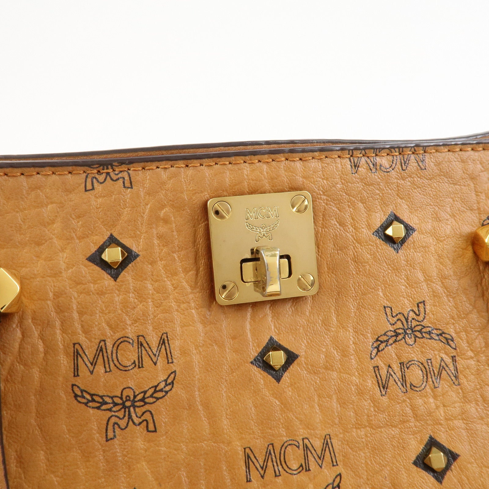 MCM Visetos PVC Leather 2Way Bag Hand Shoulder Bag Studs Cognac