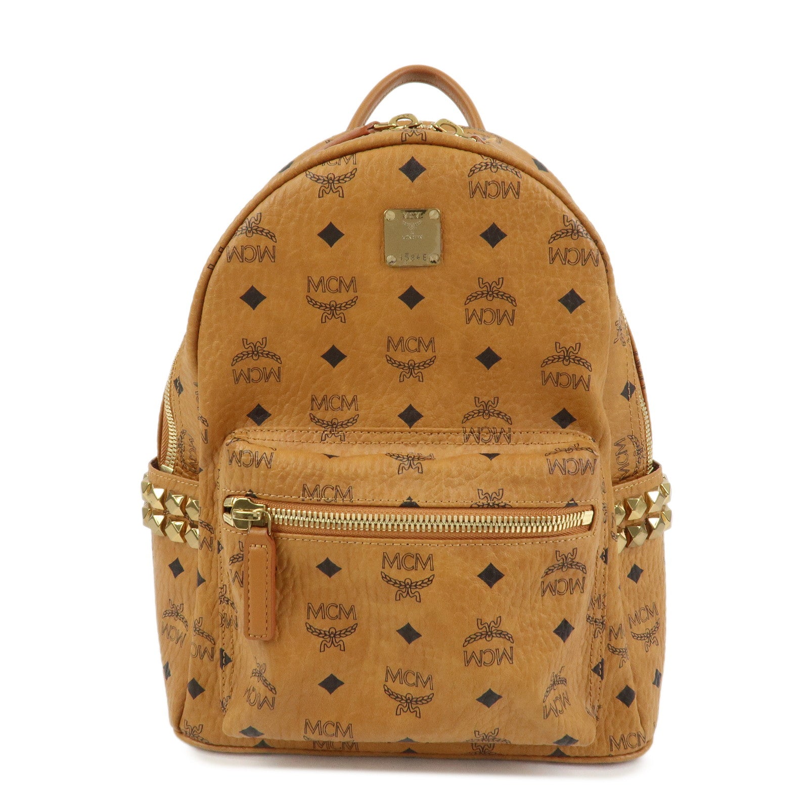 MCM Visetos PVC Leather Backpack Rucksack Studs Cognac