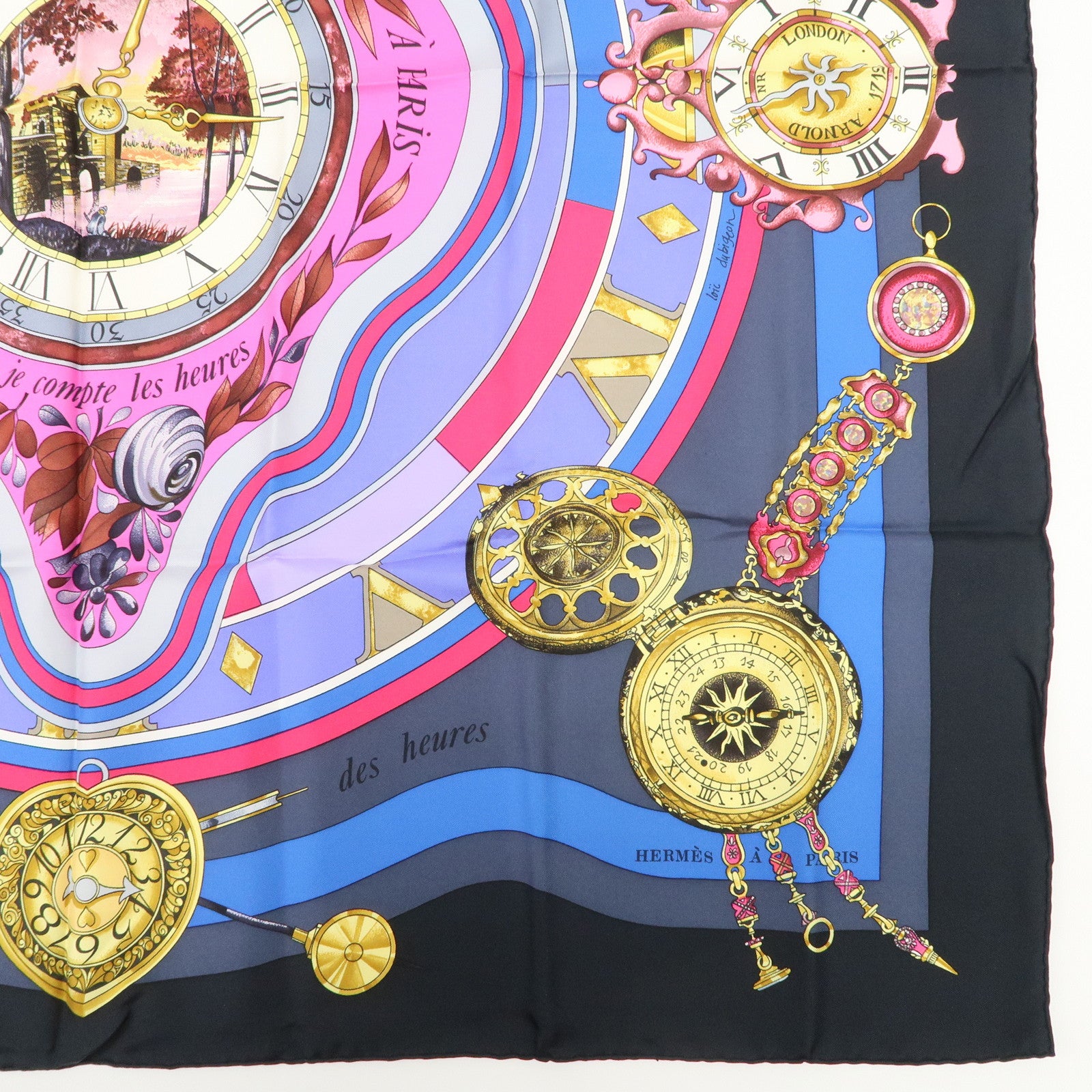 HERMES Carre 90 Silk 100% Scarf Parmi les fleurs je compte les heures Black