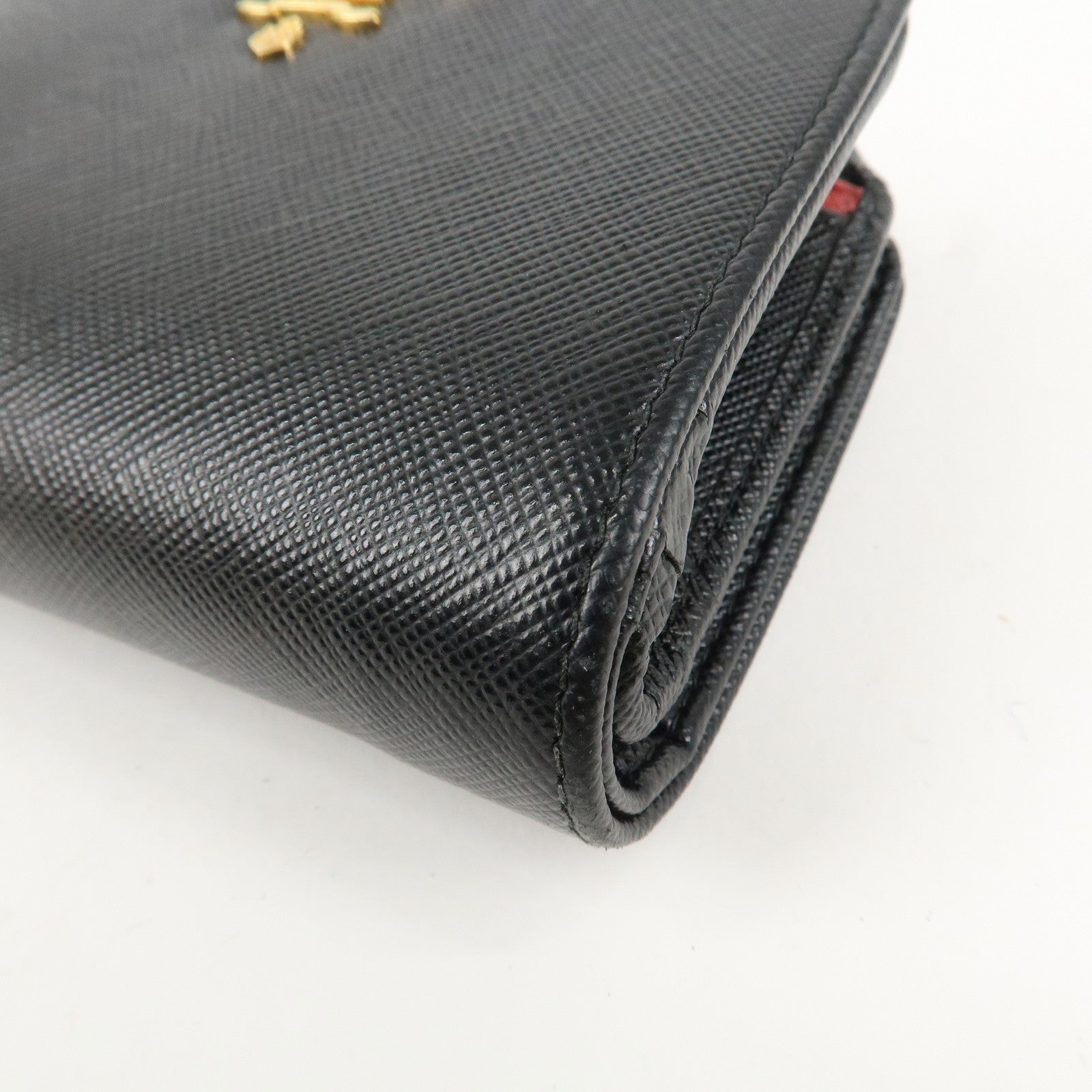 PRADA Saffiano Leather Bi-Fold Wallet Black Red Gold 1ML018 Used