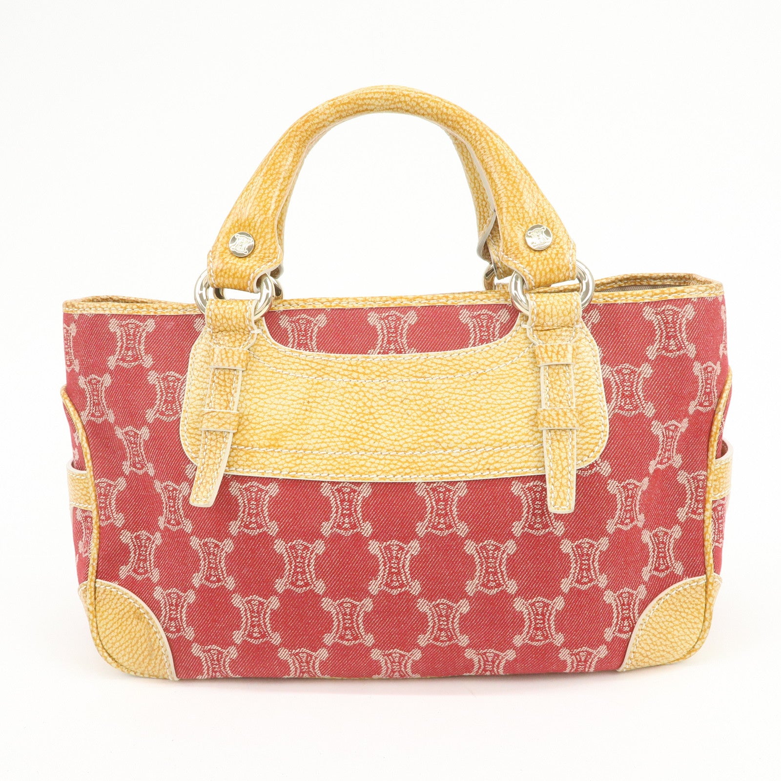 CELINE Macadam Boogie Canvas Leather Hand Bag Red Beige