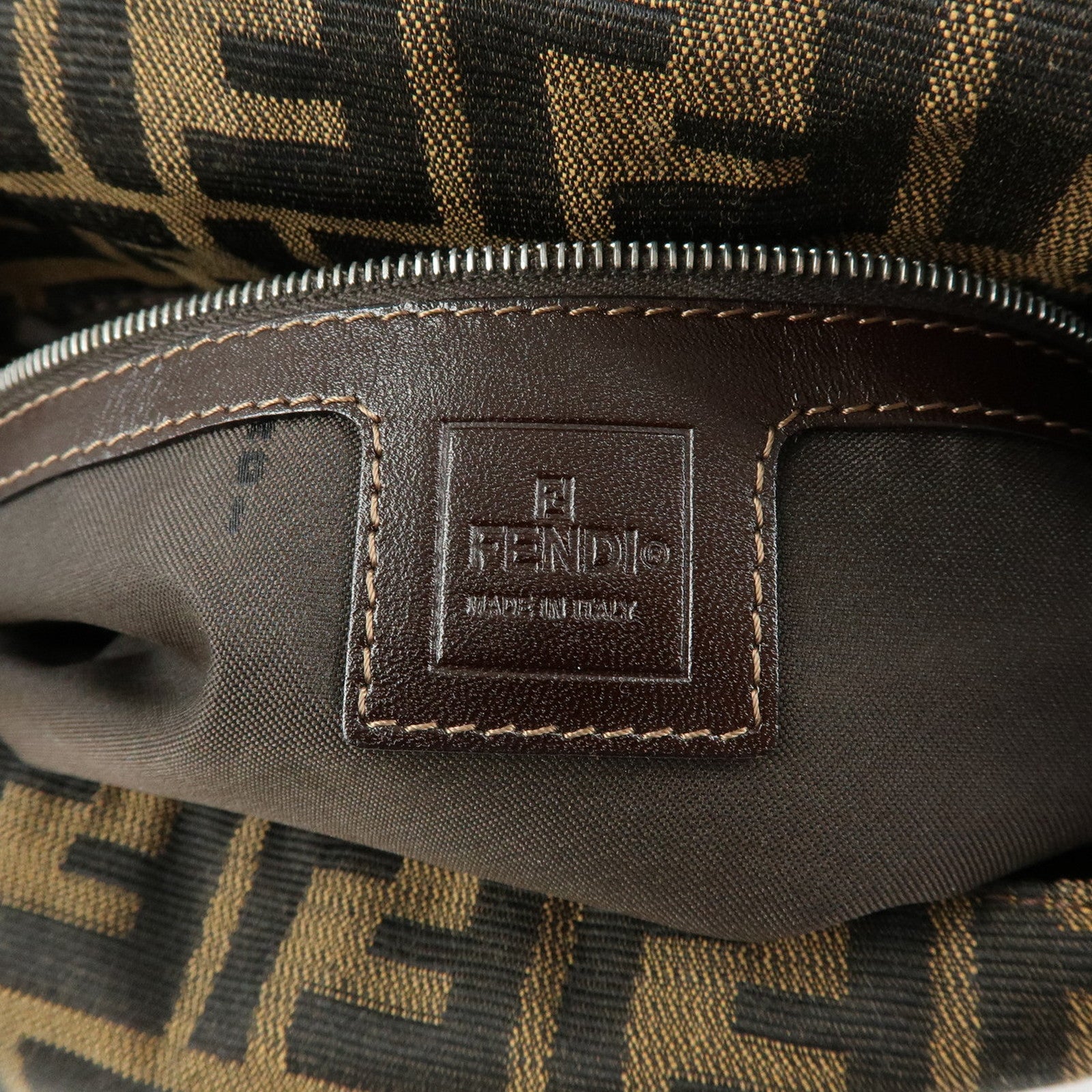 FENDI Mamma Baguette Zucca Canvas Leather Shoulder Bag Brown 26325