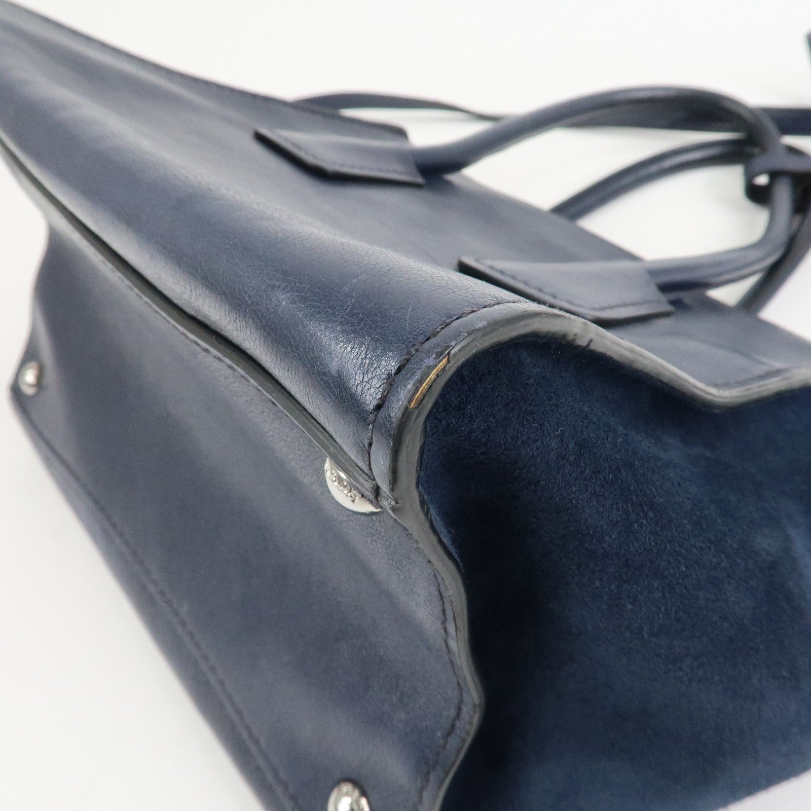 PRADA Triangle Logo Leather 2Way Bag Tote Bag Hand Bag Navy B2625M