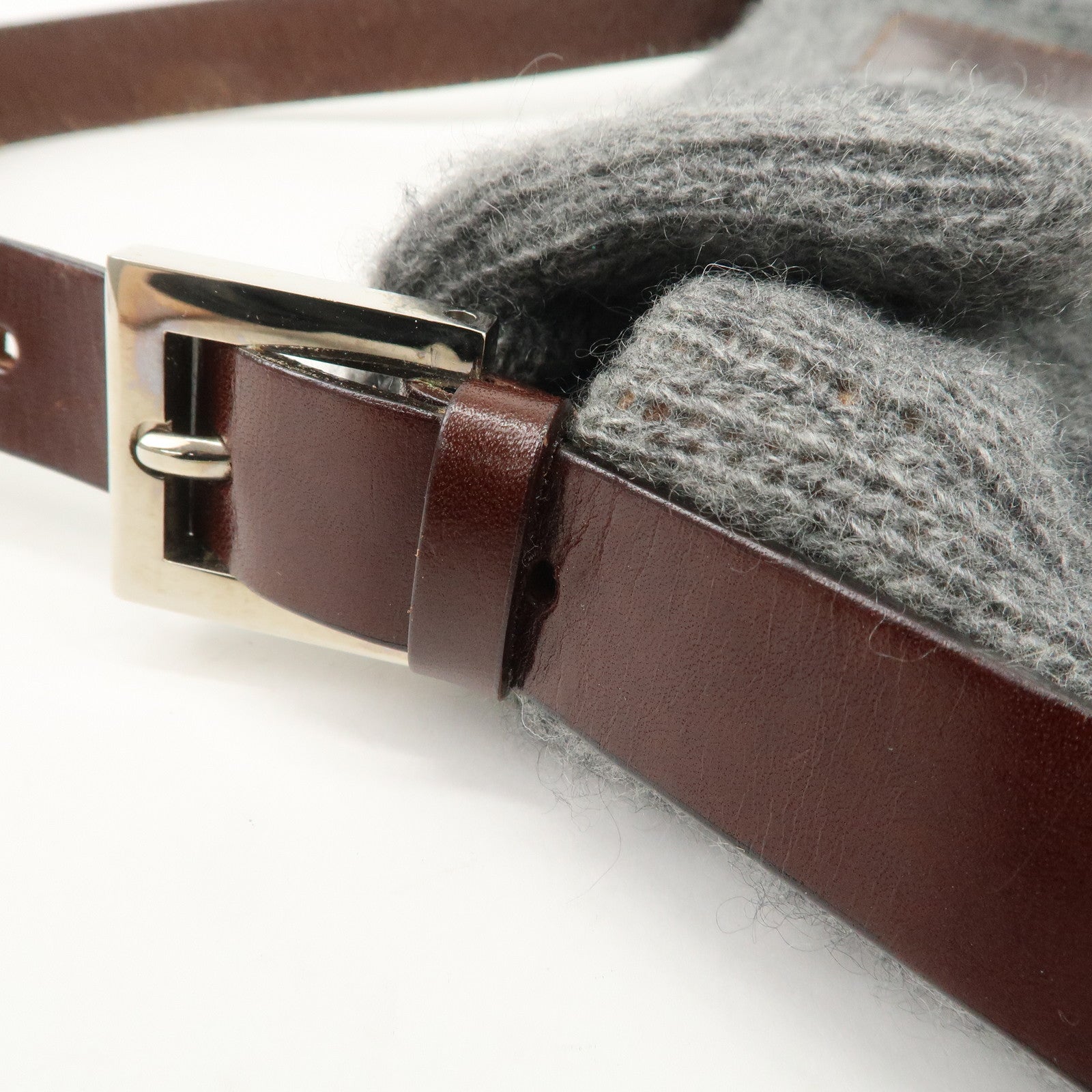 FENDI Mamma Baguette Wool Leather Shoulder Bag Brown Gray 26424