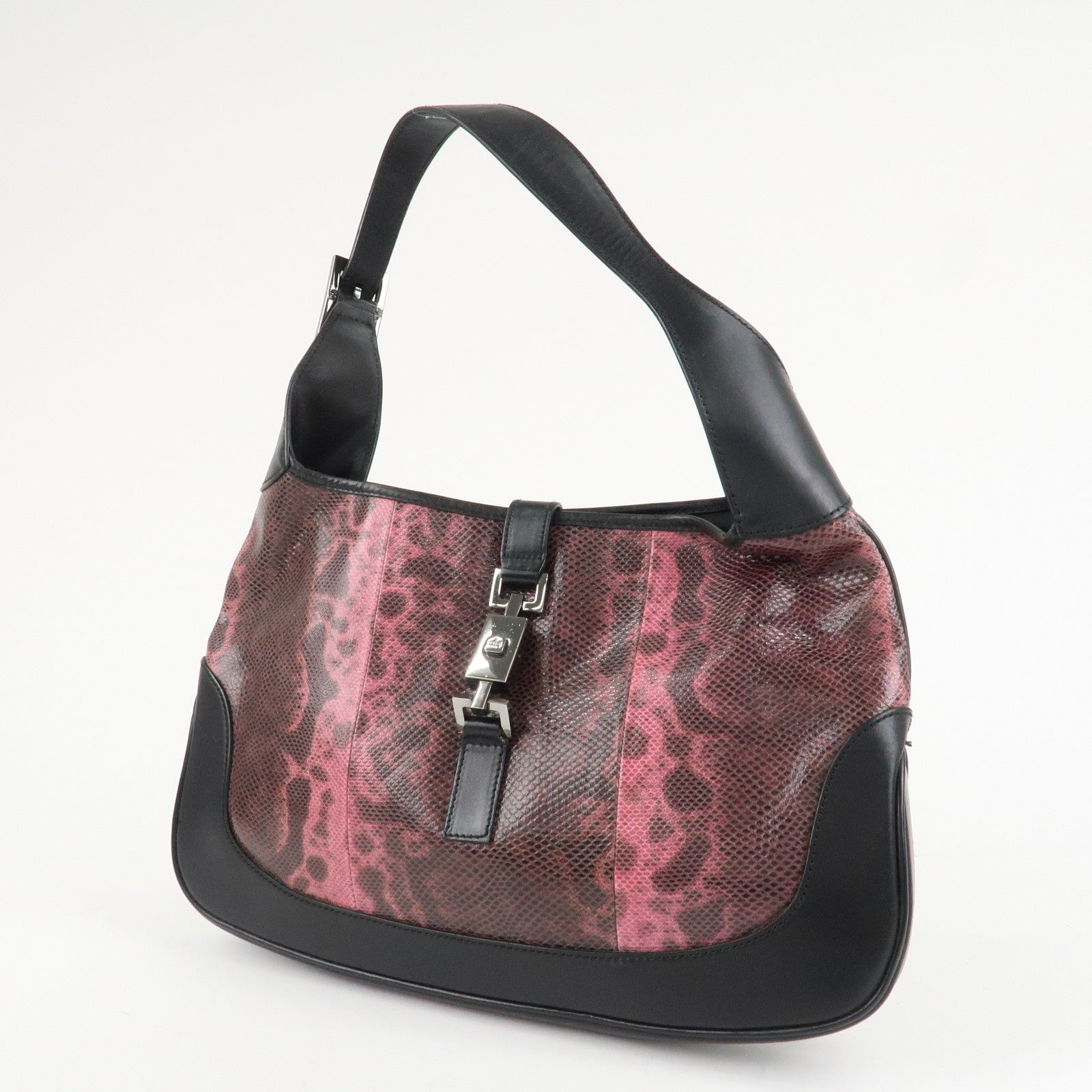 GUCCI Jackie Leather Python Shoulder Bag Black Pink 001.3306.3444 Used