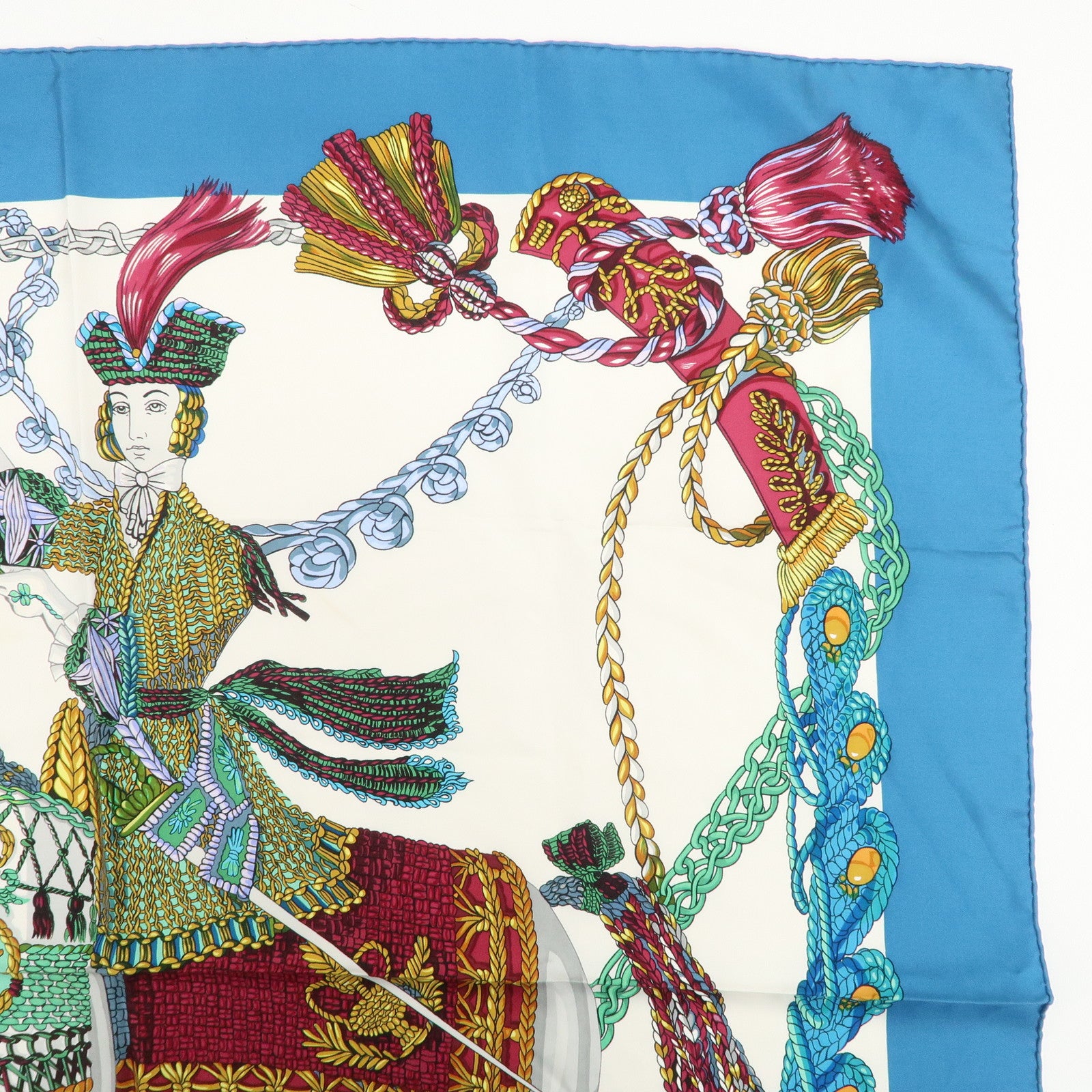 HERMES Carre 90 Silk 100% Scarf Le Timbalier Blue Gold