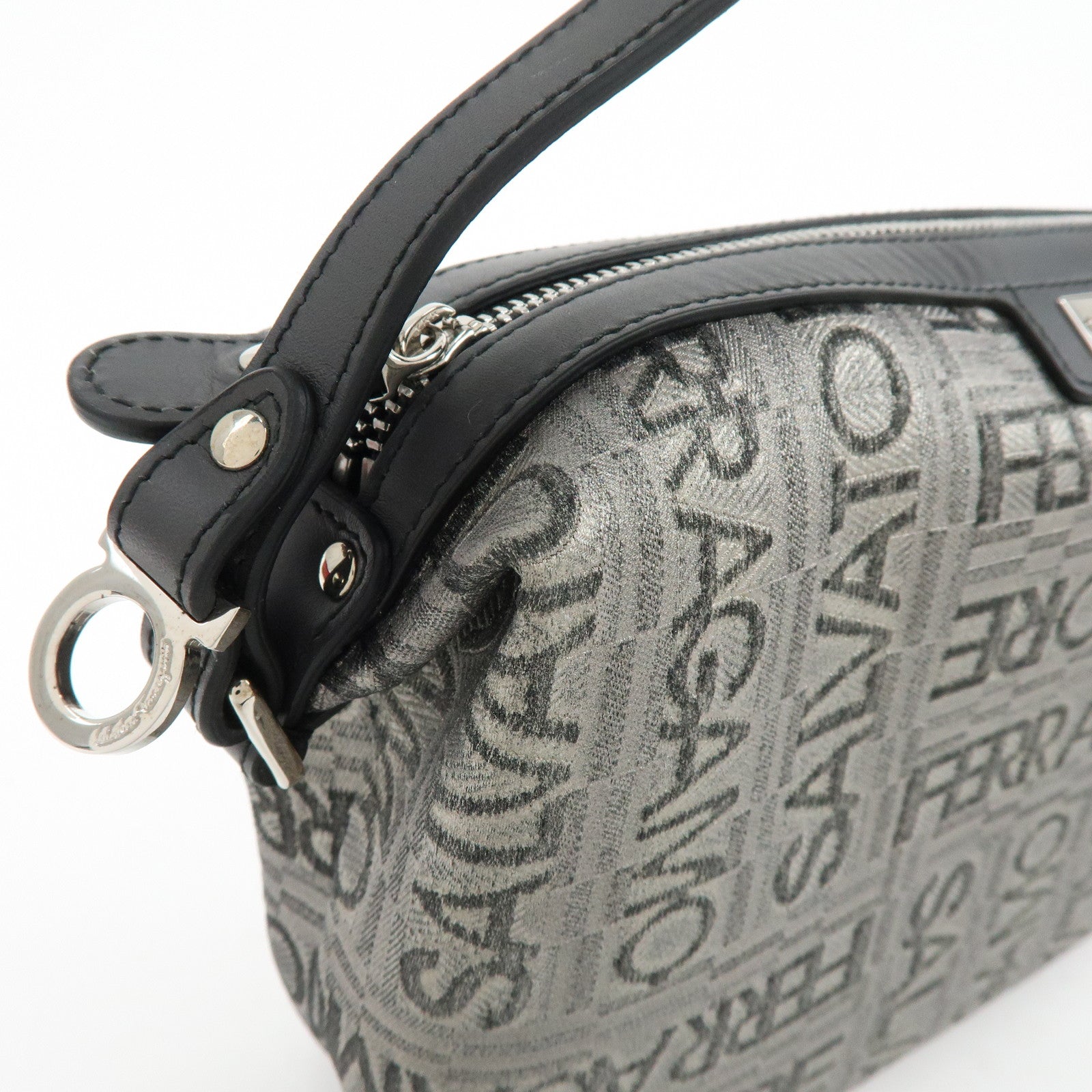 Ferragamo Gancini Logo Canvas Leather Hand Bag Pouch Silver Black