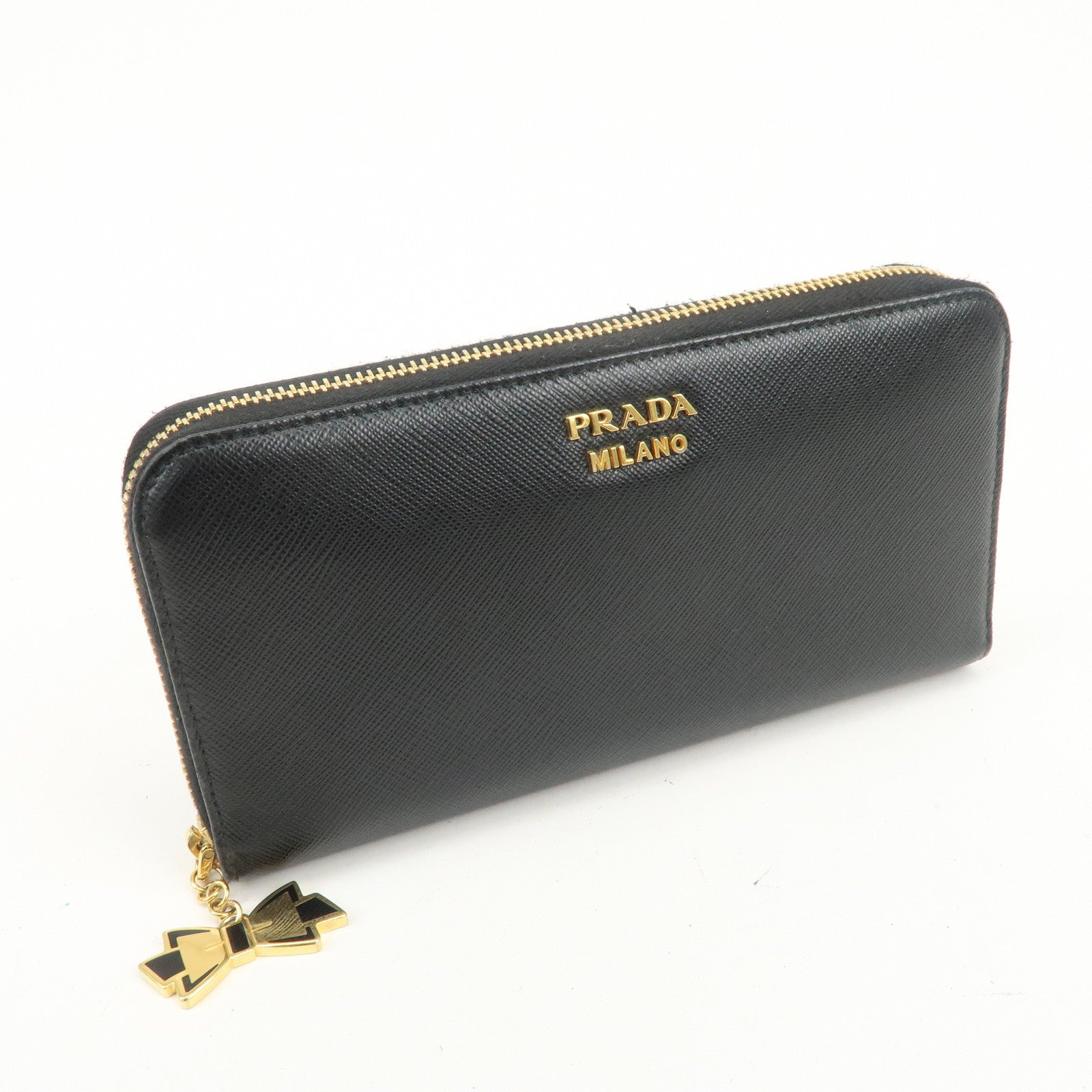PRADA Logo Saffiano Leather Round Zippy Long Wallet Black