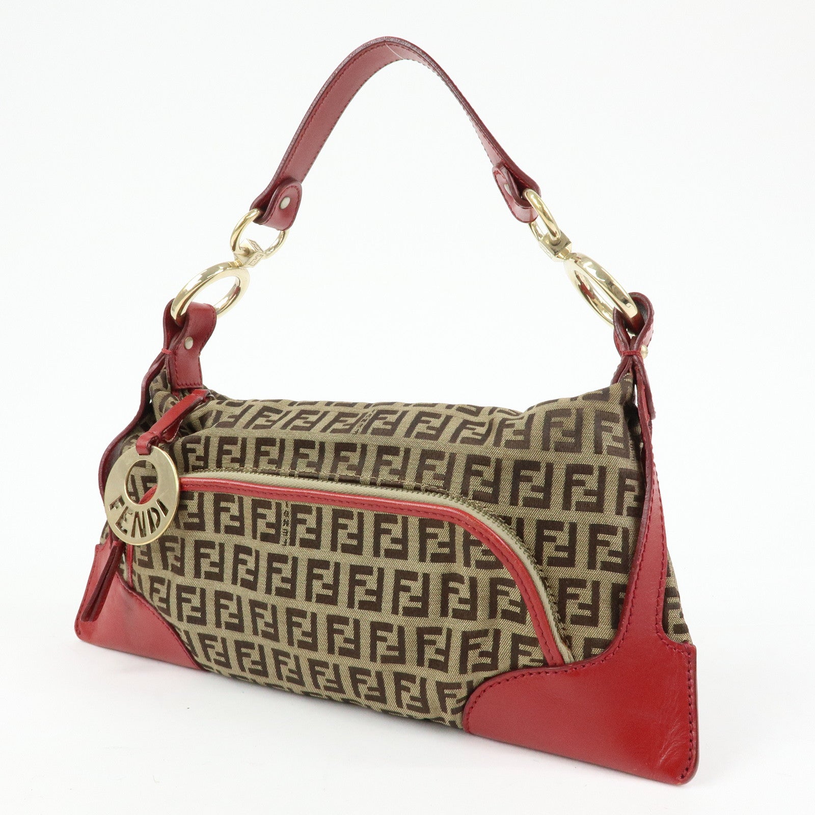 FENDI Zucca Canvas Leather Hand Bag Shoulder Bag Beige Red 8BR464