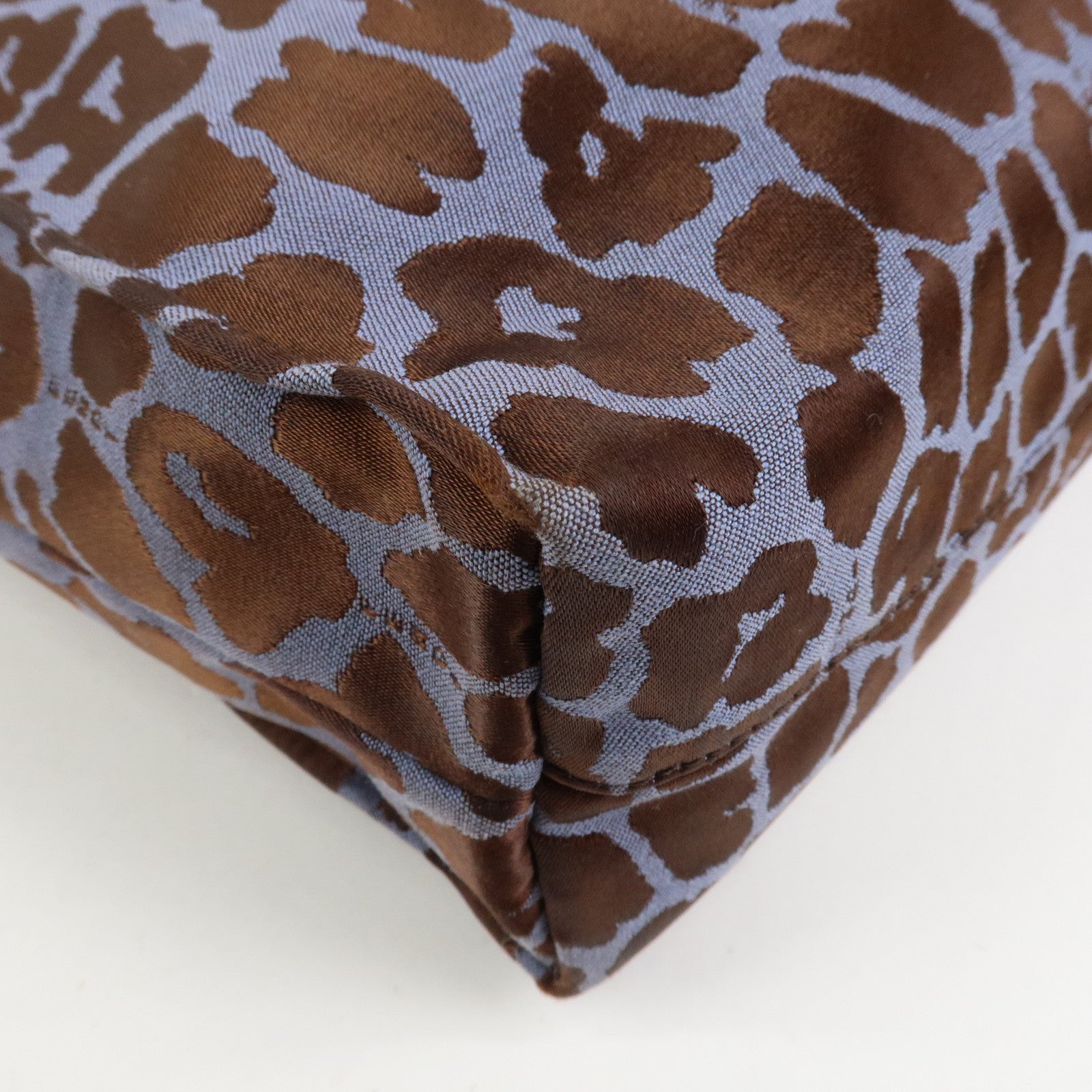 FENDI Leopard Canvas Satin Leather Tote Bag Hand Bag Blue 8BH173