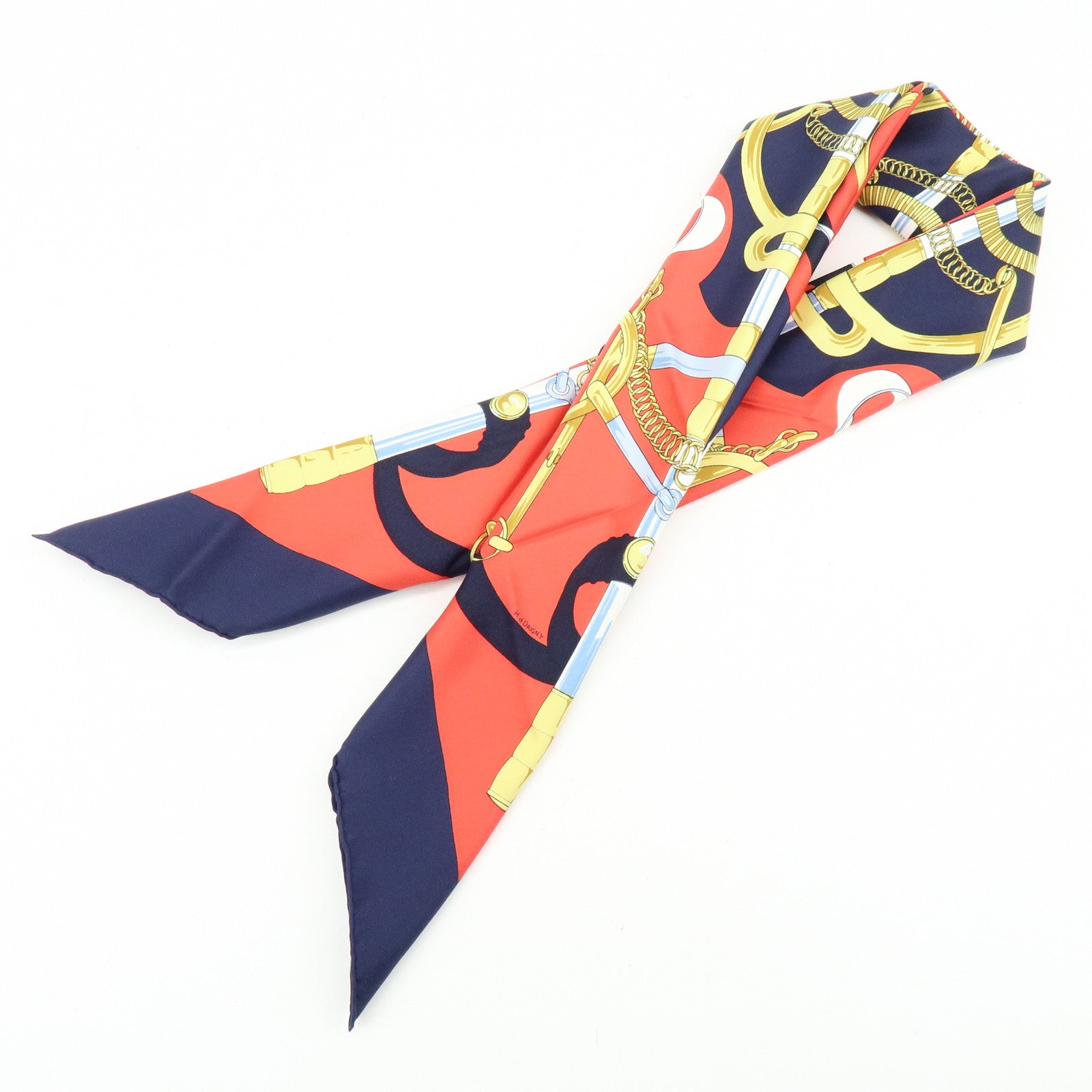 HERMES Carre 90 Silk 100% Scarf Eperon d'or Navy Red