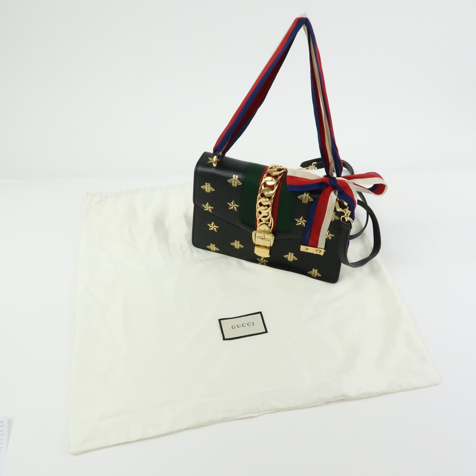 GUCCI Sylvie Sherry Leather Shoulder Bag Black Bee & Star 524405