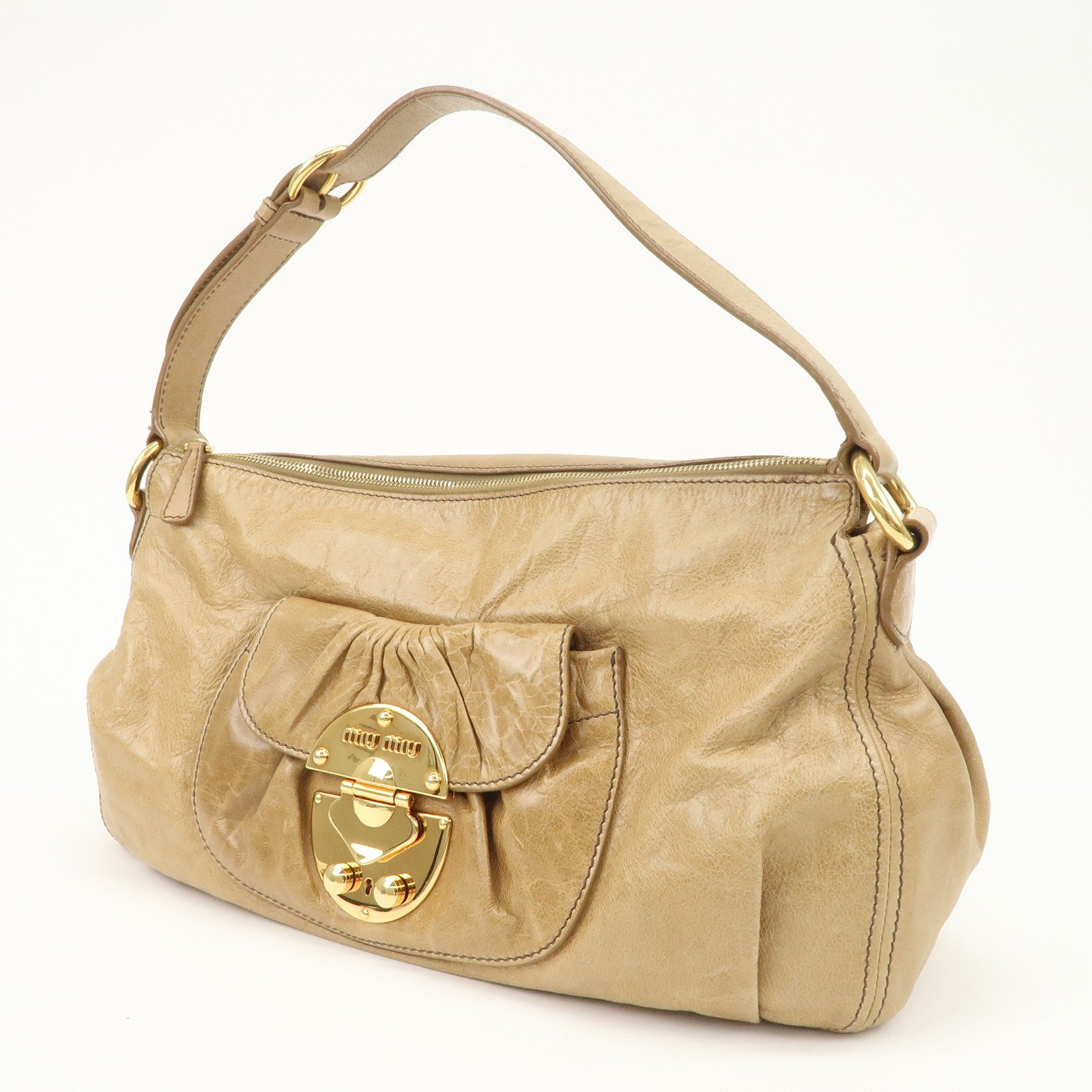 MIU MIU Leather Shoulder Bag Hand Bag Beige Gold Hardware