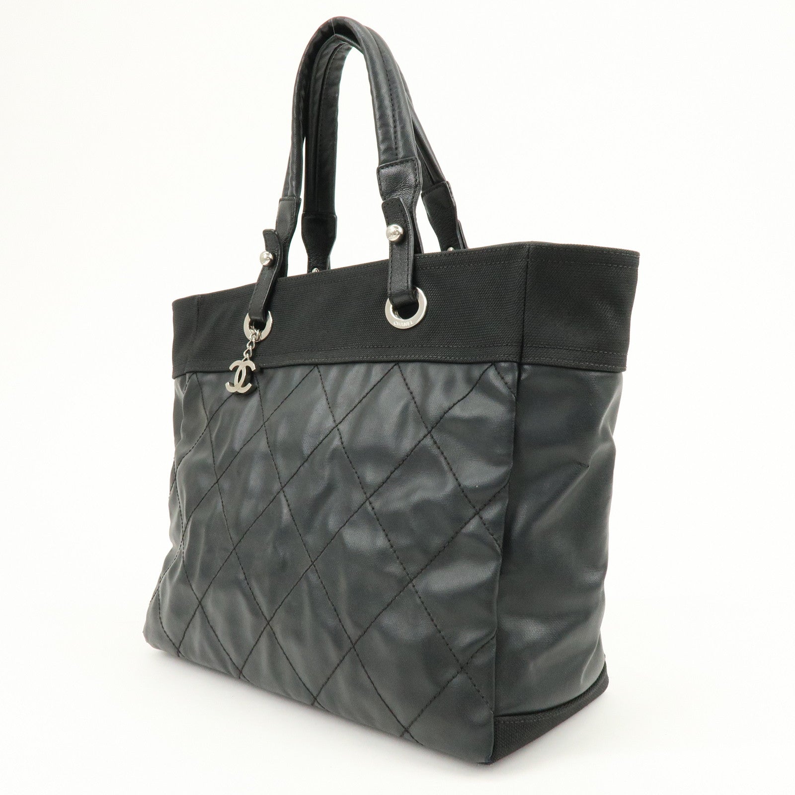 CHANEL PVC Canvas Leather Paris Biarritz MM Tote Hand Bag A34209