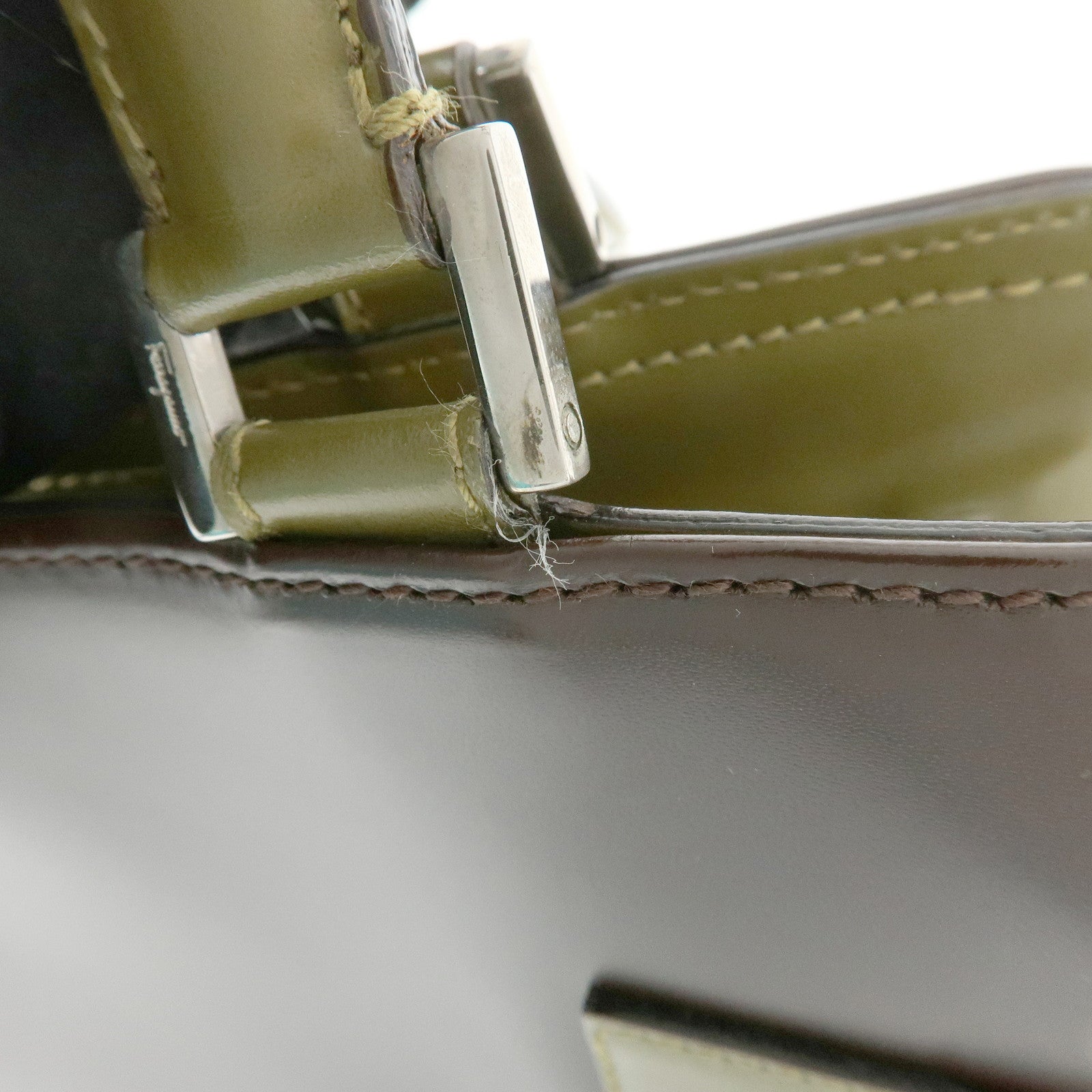 Ferragamo Gancini Leather 2Way Hand Bag Shoulder Bag Brown Khaki