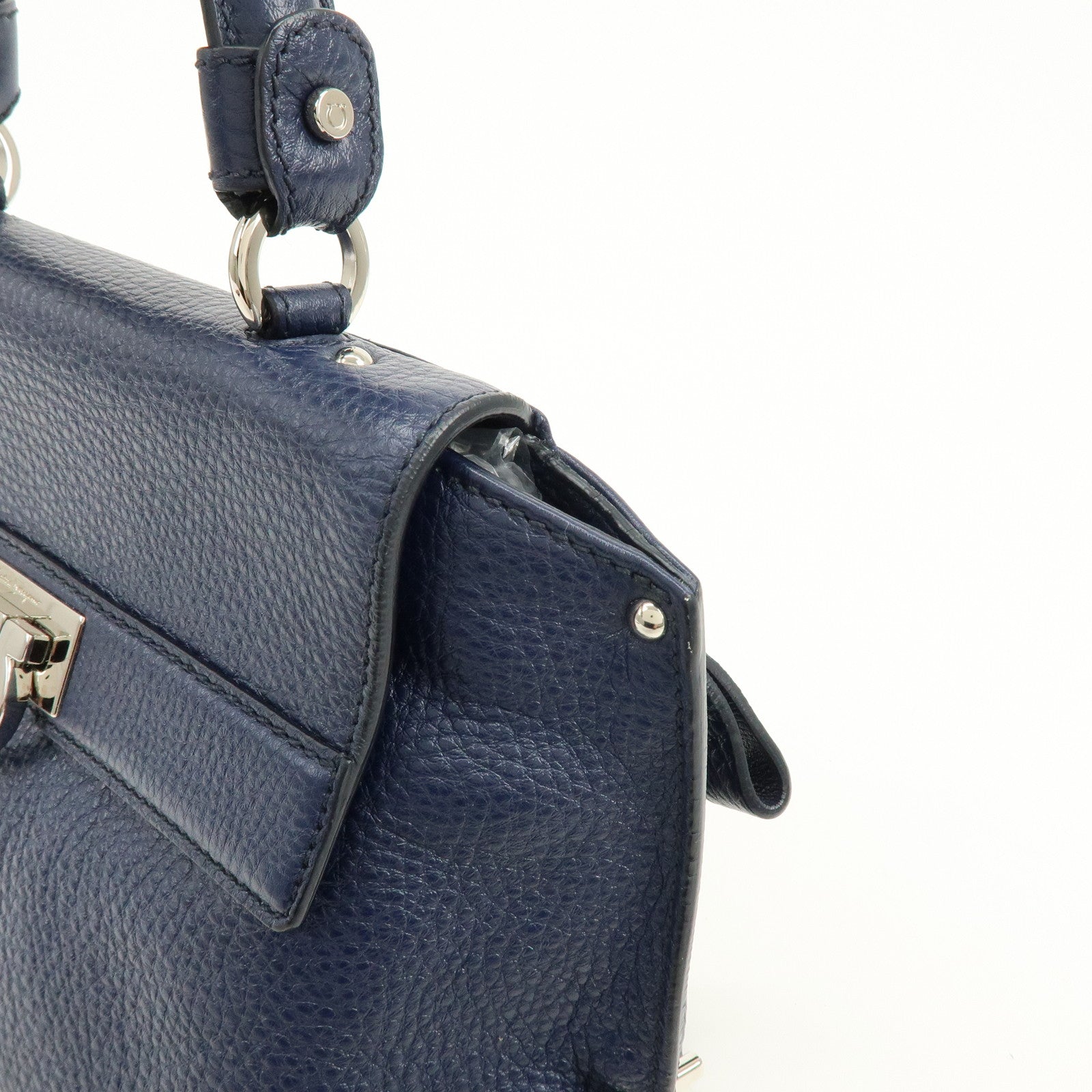 Ferragamo Gancini Leather Hand Bag Navy